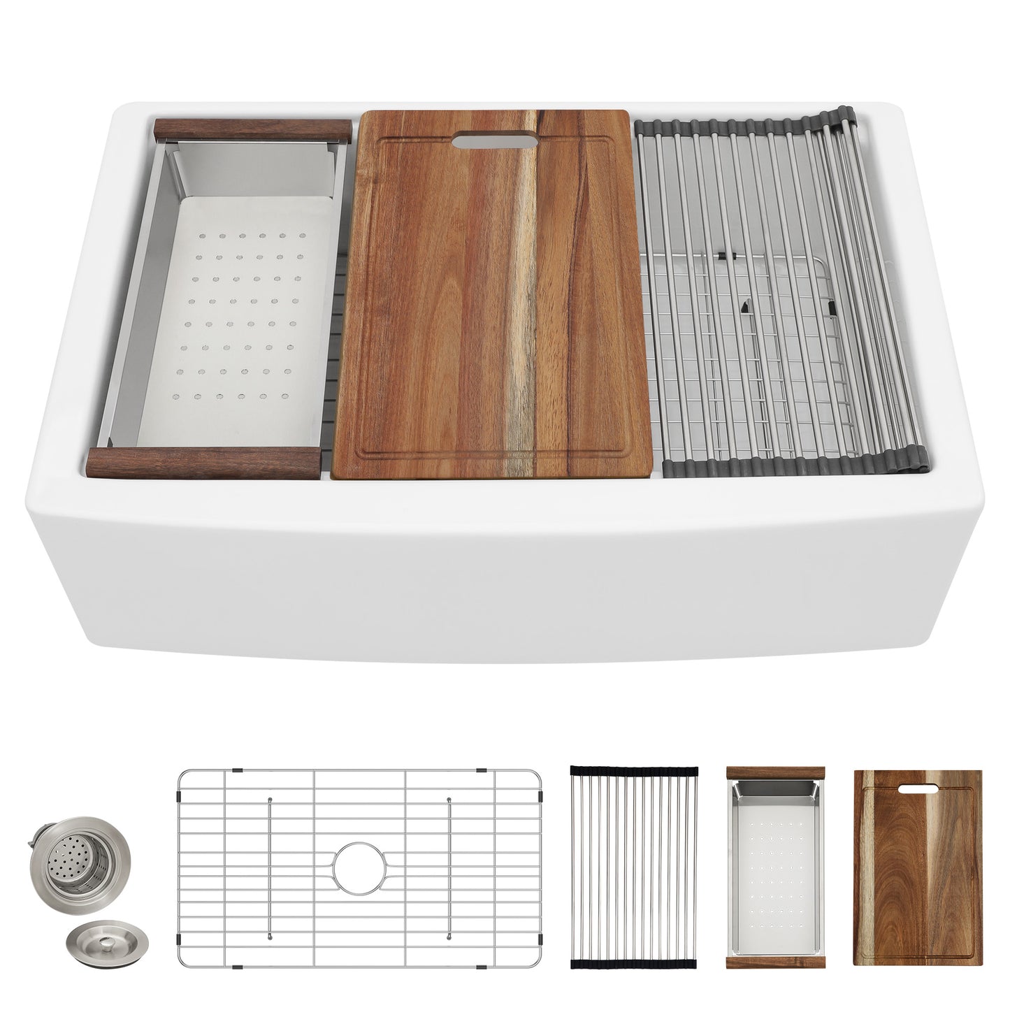 33 White Farm Sink Workstation - Fulorni 33"x21" Apron Front Farmhouse Sink Workstation with Slide Ledge White Ceramic Porcelain Fireclay Single Bowl Farmer Kitchen Sink Basin