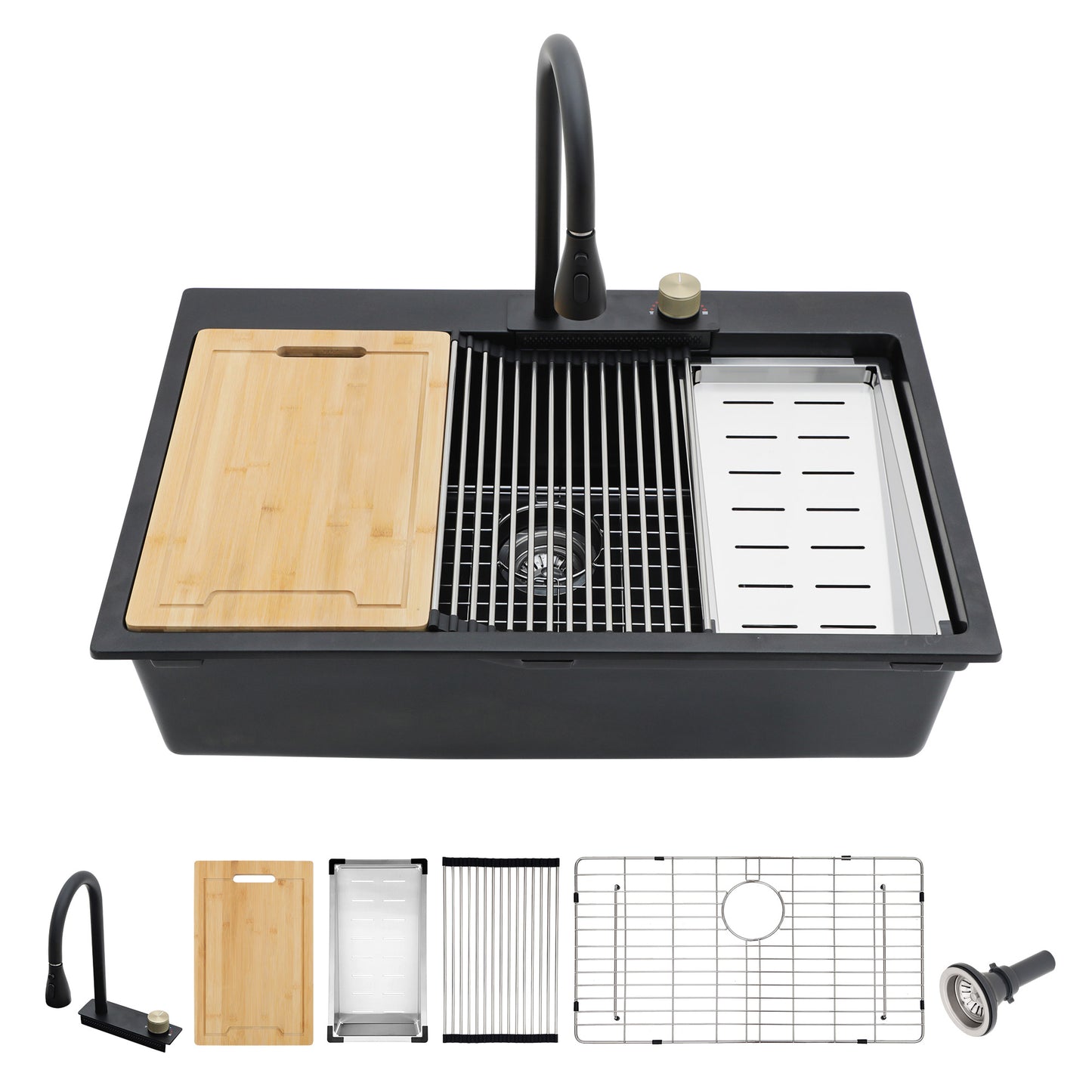 33"x22" Granite Waterfall Kitchen Sink Multifunctional Smart Workstation With Faucet Combo Drop In Topmount Matte Black Granite Composite Quartz Classic Above Counter Single Bowl Sink Basin