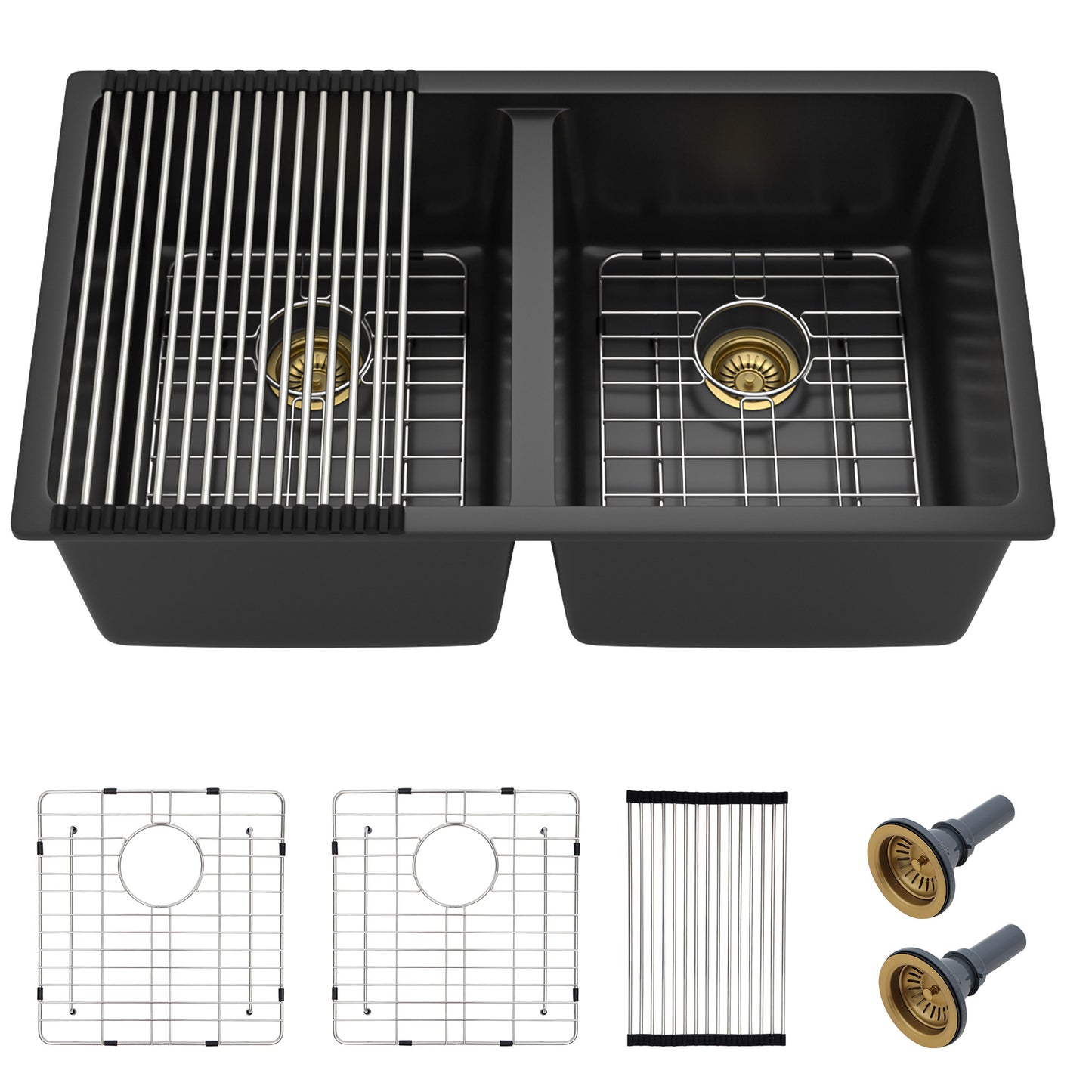 33 Granite Composite Kitchen Sink Double Bowl - Fulorni 33"x19" Black Granite Kitchen Sink Undermount Double Bowl 50/50 Quartz Classic Composite Matte Black Under Counter Sink Basin
