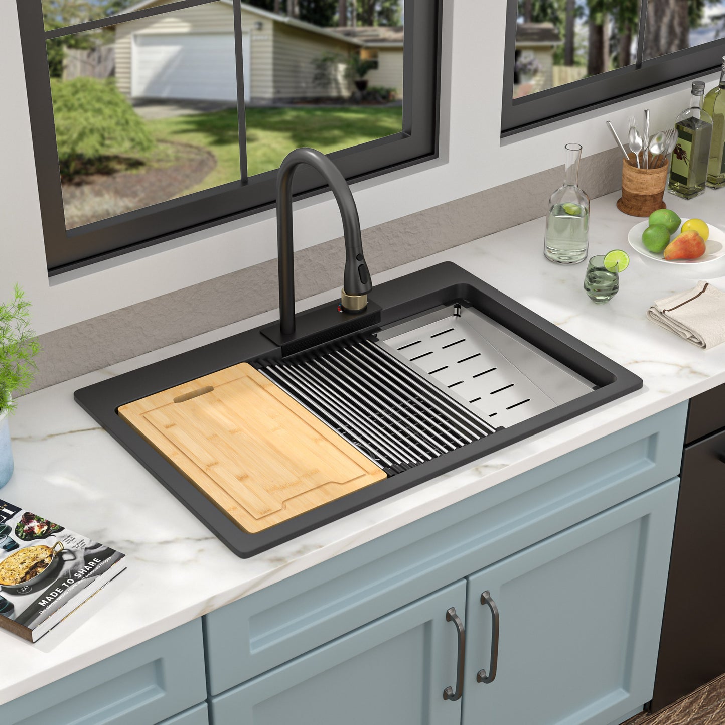 33"x22" Granite Waterfall Kitchen Sink Multifunctional Smart Workstation With Faucet Combo Drop In Topmount Matte Black Granite Composite Quartz Classic Above Counter Single Bowl Sink Basin