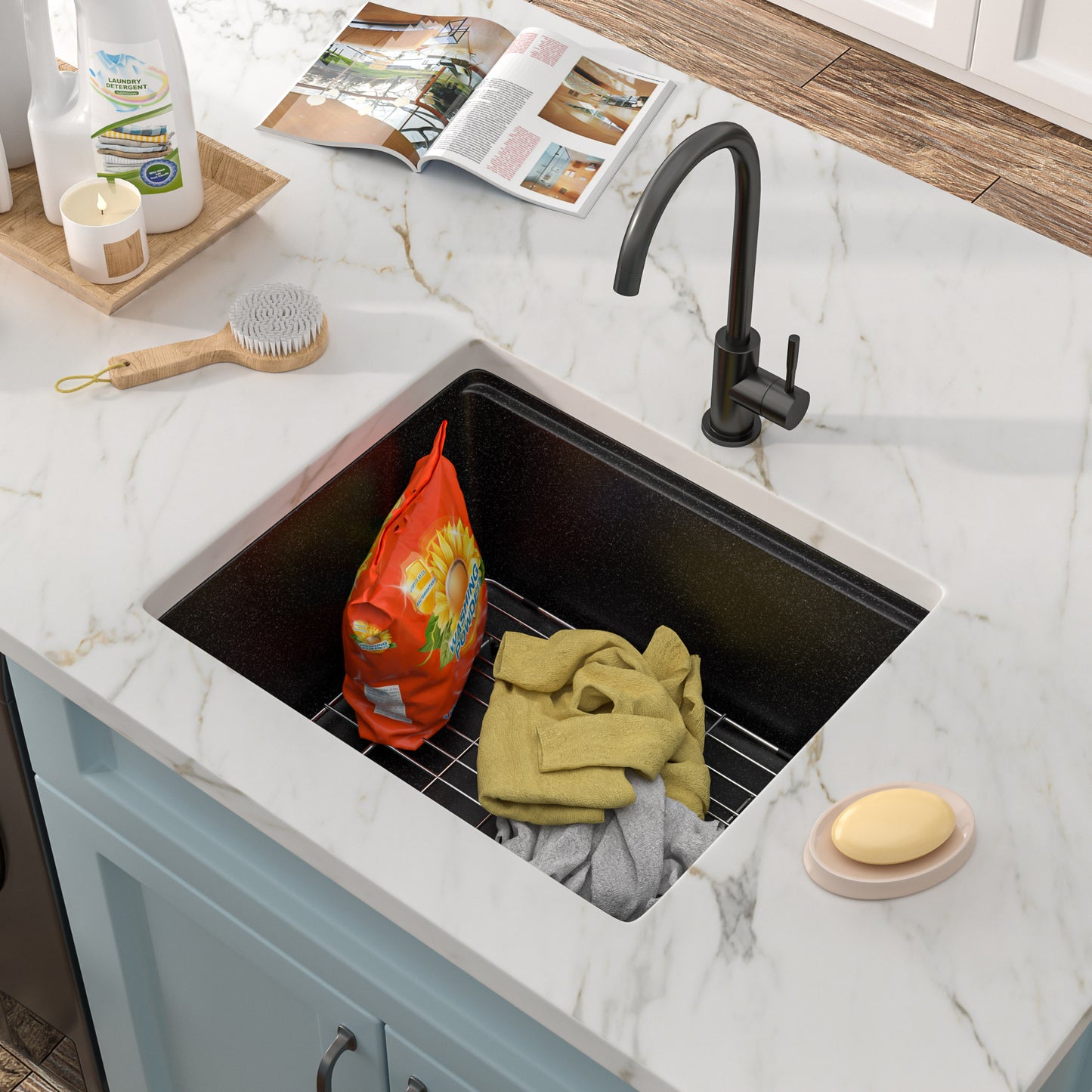 21 Undermount Laundry Sink - Fulorni 21"x18" Laundry Utility Sink Workstation Matte Black Granite Composite Quartz Classic Under Counter Deep Single Bowl Utility Laundry Room Sink Basin