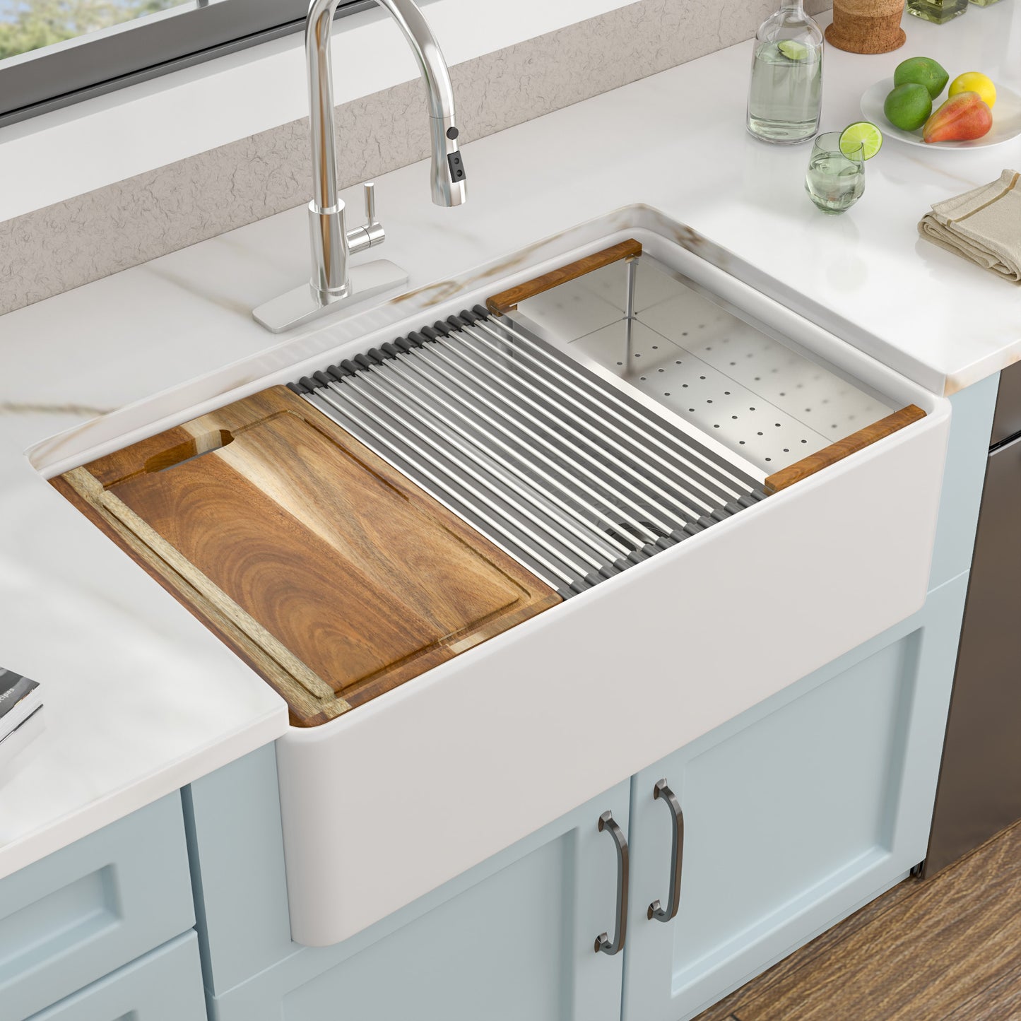 33 White Farm Sink Workstation - Fulorni 33"x20" Farmhouse Kitchen Sink Apron Front Workstation with Slide Ledge Double Bowl 50/50 White Ceramic Porcelain Fireclay Farmer Sink Basin
