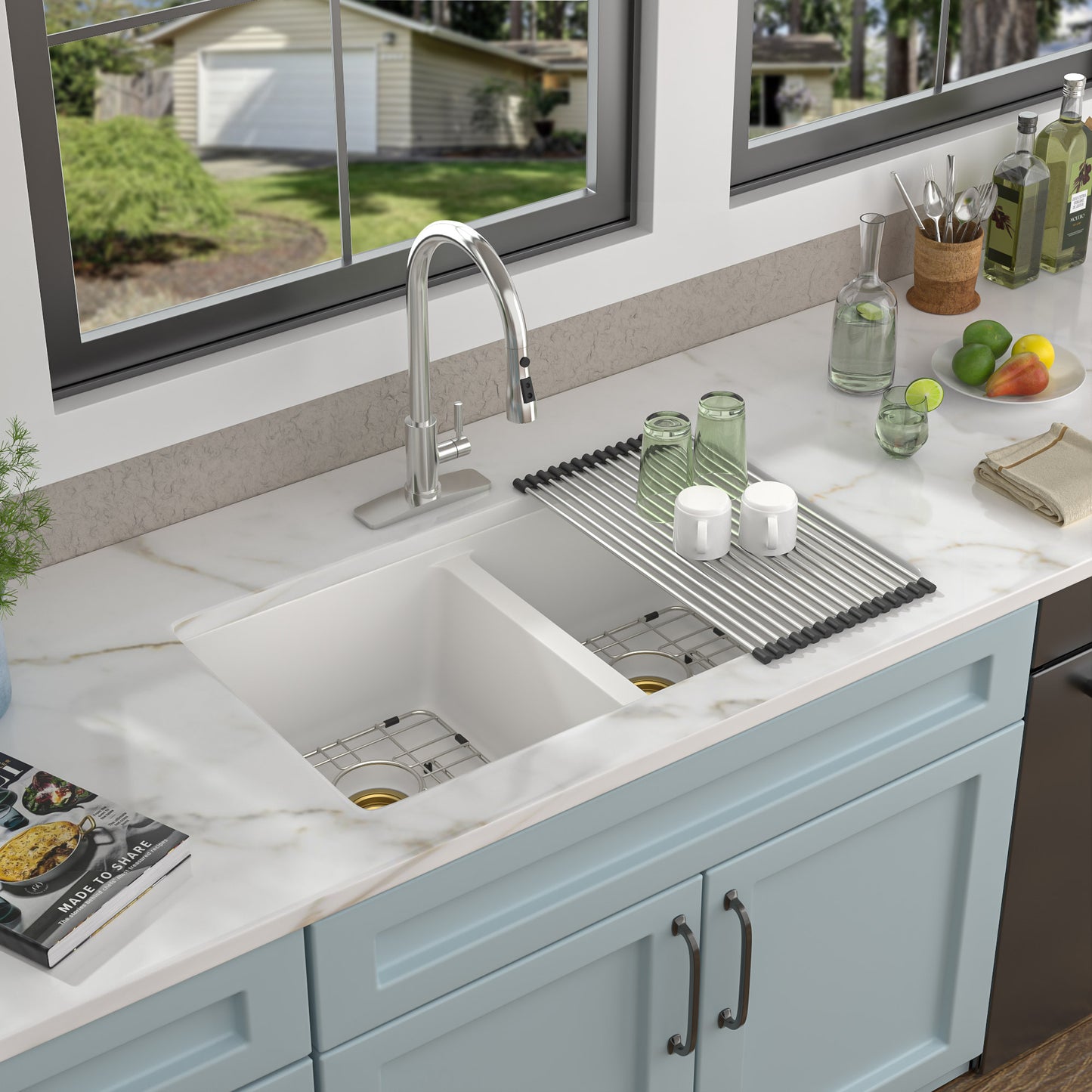 33 Granite Composite Kitchen Sink Double Bowl - Fulorni 33"x19" Granite Kitchen Sink White Undermount Double Bowl 50/50 Quartz Classic Composite Under Counter Sink Basin