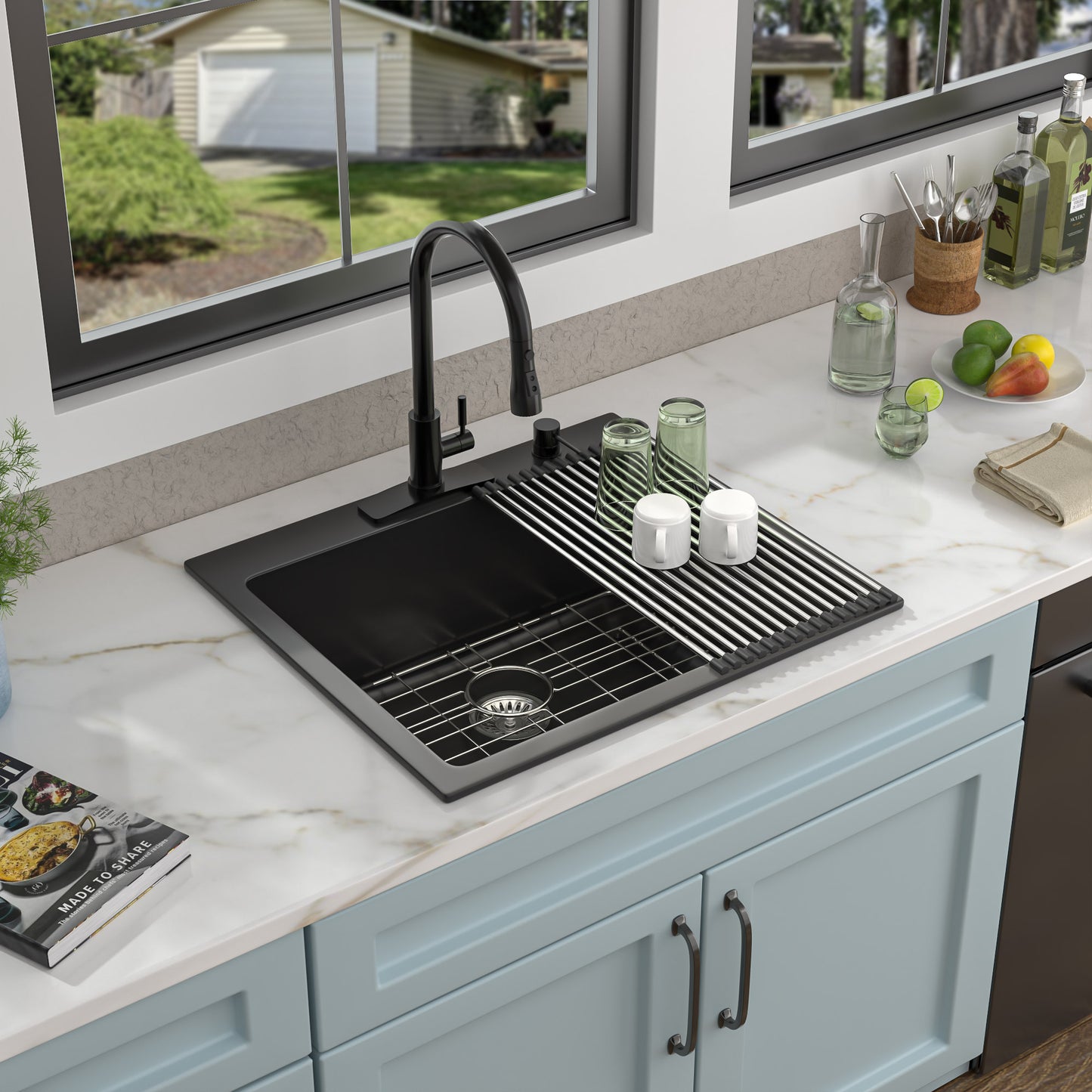 25 Granite Composite Kitchen Sink - Fulorni 25"×22" Granite Kitchen Sink Drop In Topmount Matte Black Quartz Classic Above Counter Single Bowl Sink Basin