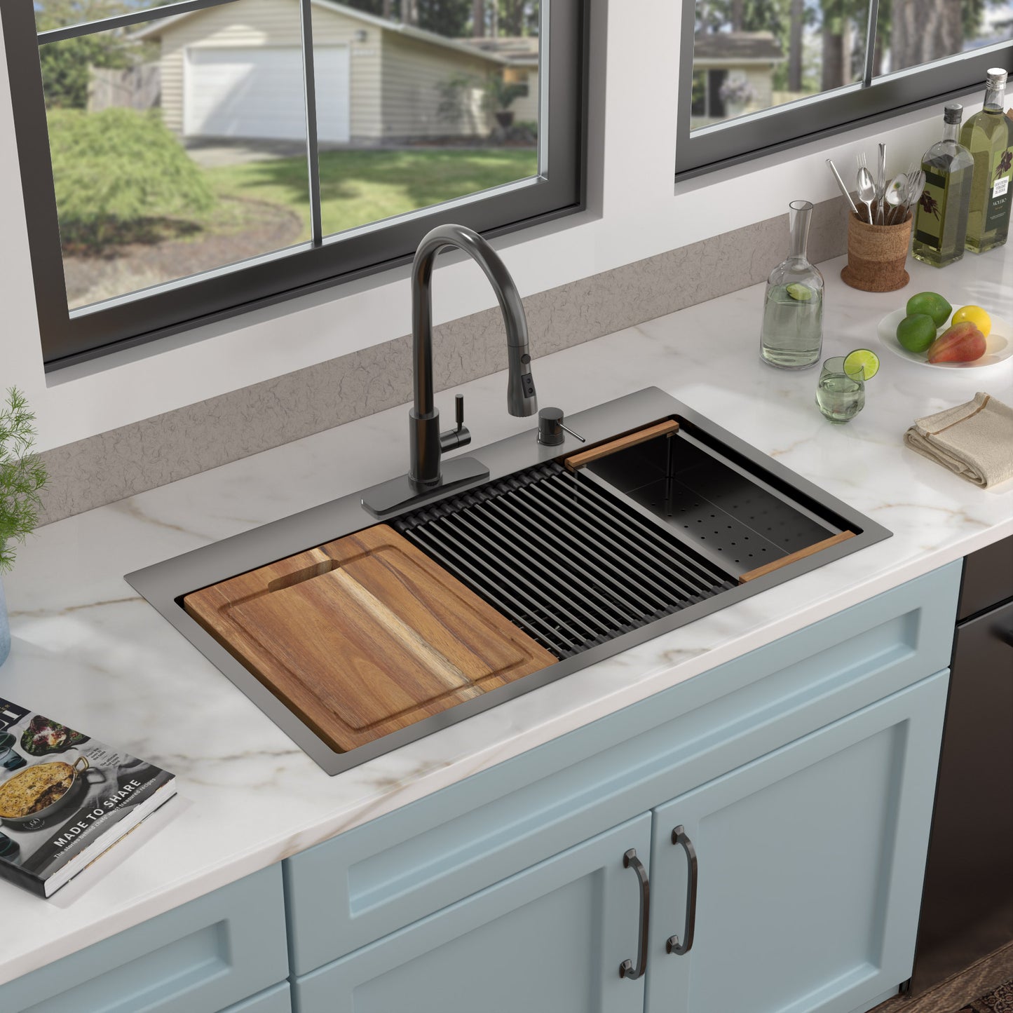 33 Black Kitchen Sink Drop In - Fulorni 33x19 Inch Kitchen Sink Gunmetal Black NANO-PVD Ledge Workstation Drop In Topmount 16 Gauge Stainless Steel Single Bowl Sink Basin