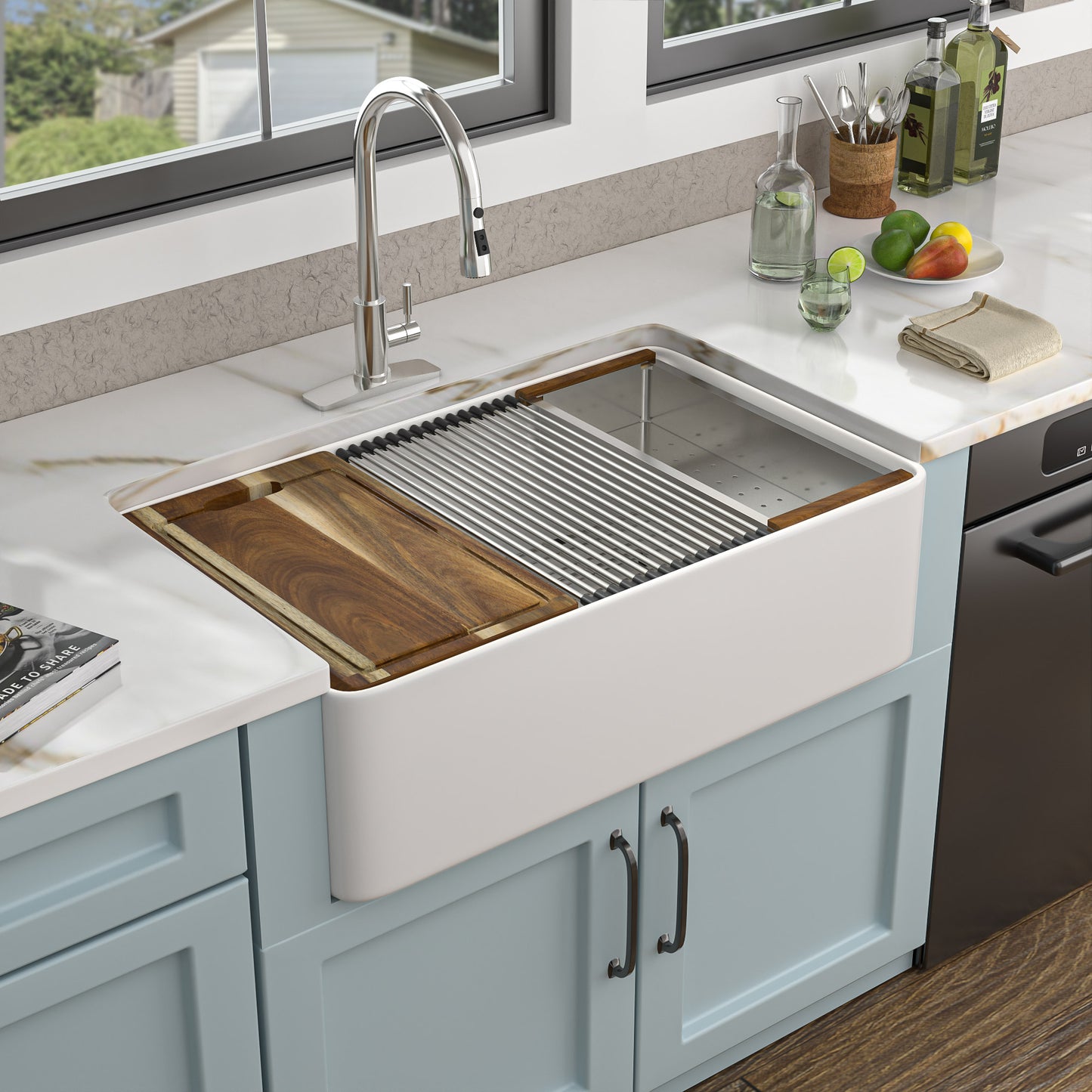 33 White Farm Sink Workstation - Fulorni 33"x20" Farmhouse Kitchen Sink Apron Front Workstation with Slide Ledge Double Bowl 50/50 White Ceramic Porcelain Fireclay Farmer Sink Basin