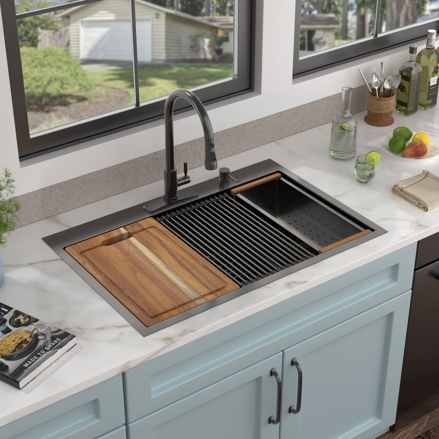 33 Black Kitchen Sink Drop In - Fulorni 33x22 Inch Kitchen Sink Gunmetal Black NANO-PVD Ledge Workstation Drop In Topmount 16 Gauge Stainless Steel Single Bowl Sink Basin