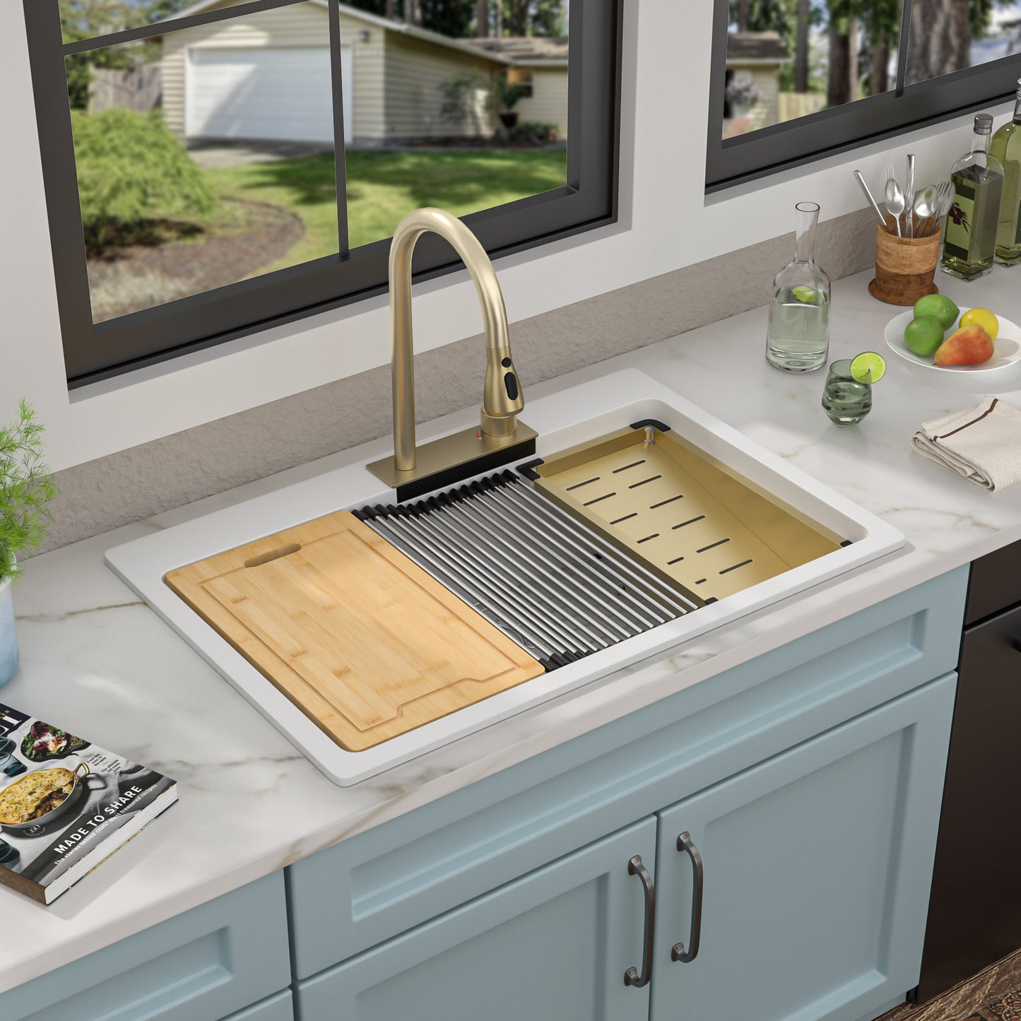 33"x22" Granite Waterfall Kitchen Sink Multifunctional Smart Workstation With Faucet Combo Drop In Topmount White Granite Composite Quartz Classic Above Counter Single Bowl Sink Basin