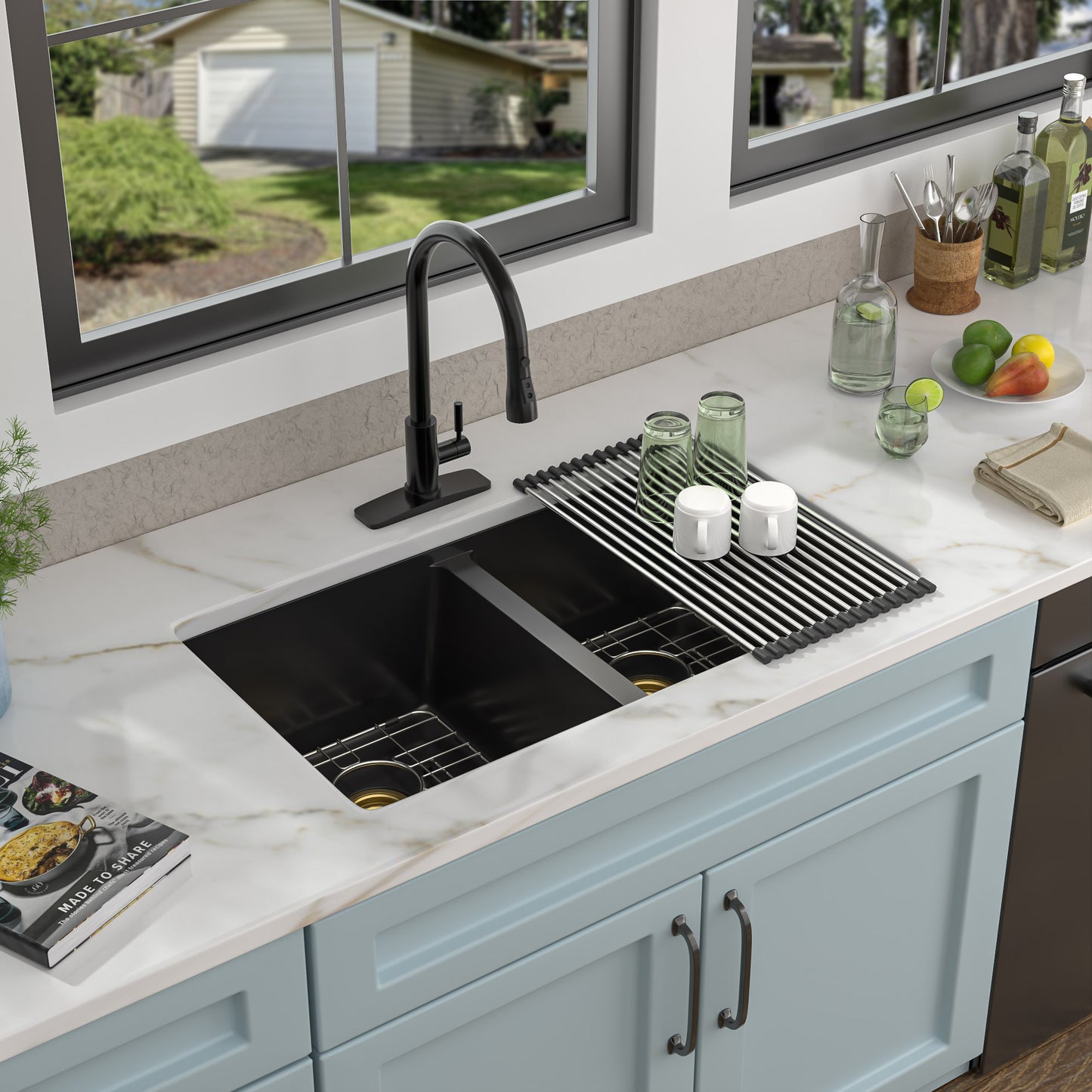 33 Granite Composite Kitchen Sink Double Bowl - Fulorni 33"x19" Black Granite Kitchen Sink Undermount Double Bowl 50/50 Quartz Classic Composite Matte Black Under Counter Sink Basin