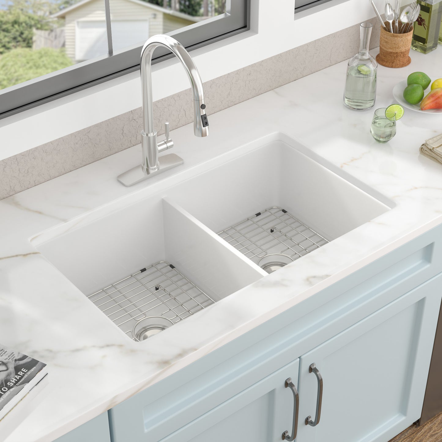 32 White Sink Undermount Double Bowl - Fulorni 32"x19" Kitchen Sink Dual Mount Double Bowl 50/50 White Ceramic Porcelain Fireclay Sink Basin