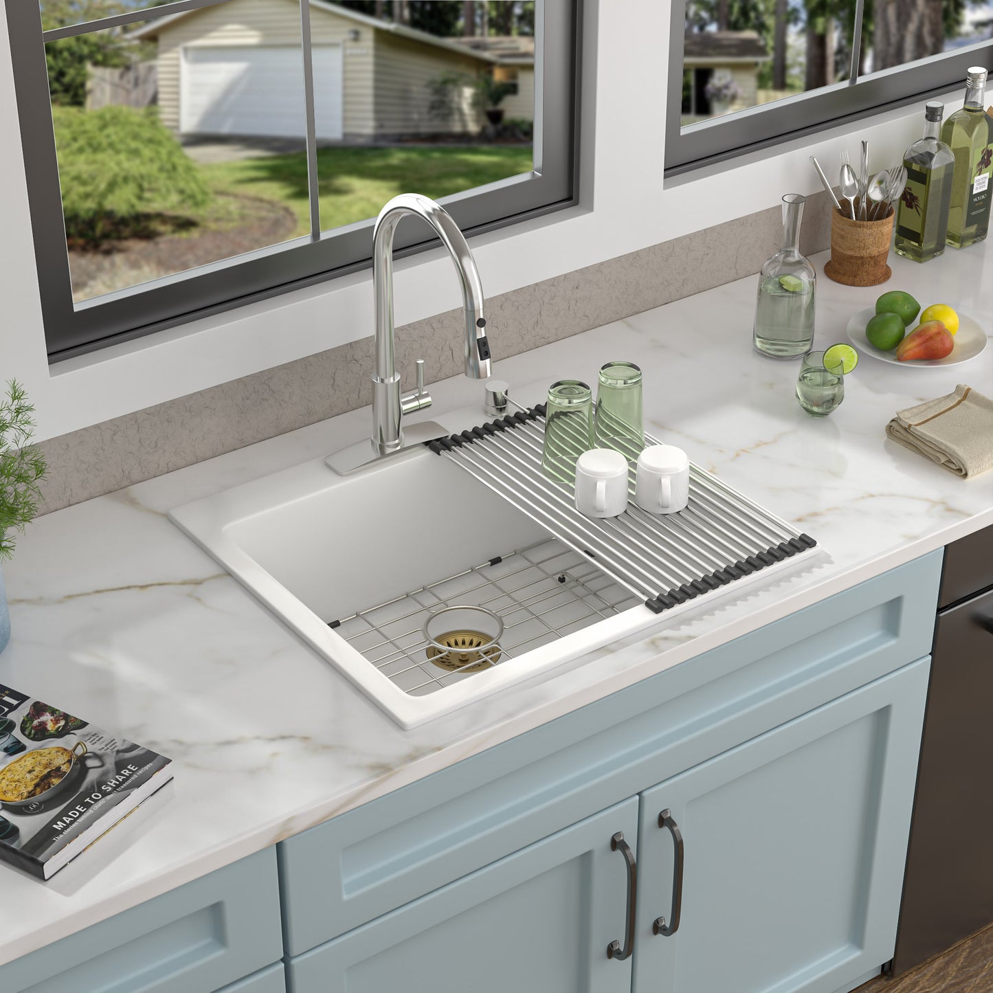 25 Granite Composite Kitchen Sink - Fulorni 25"×22" Granite Kitchen Sink Drop In Topmount White Quartz Classic Above Counter Single Bowl Sink Basin