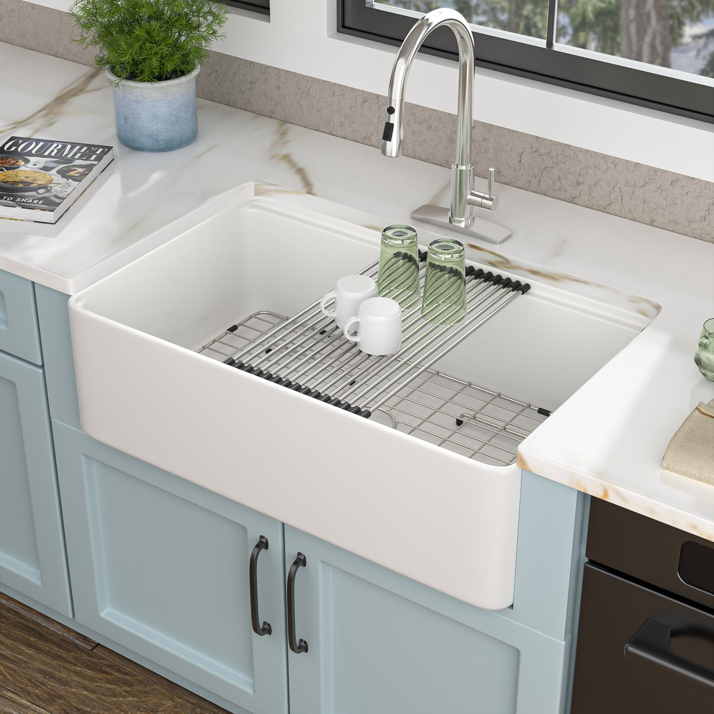 33 White Farm Sink Workstation - Fulorni 33"x20" Farmhouse Kitchen Sink Apron Front Workstation with Slide Ledge Double Bowl 50/50 White Ceramic Porcelain Fireclay Farmer Sink Basin