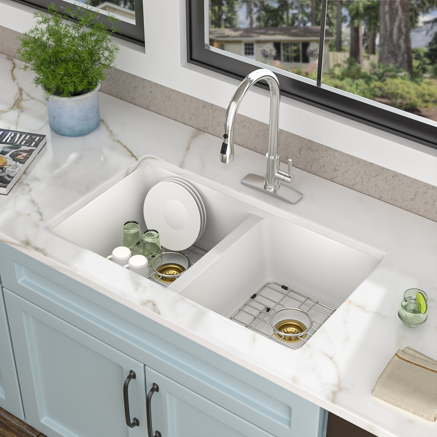 33 Granite Composite Kitchen Sink Double Bowl - Fulorni 33"x19" Granite Kitchen Sink White Undermount Double Bowl 50/50 Quartz Classic Composite Under Counter Sink Basin