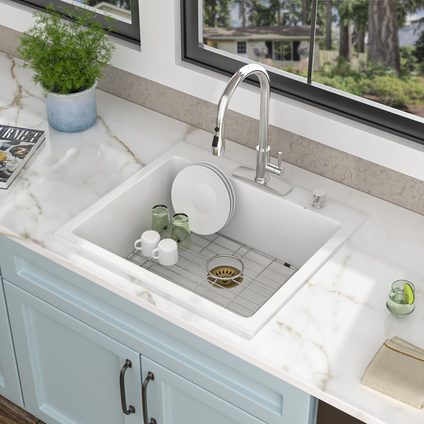 25 Granite Composite Kitchen Sink - Fulorni 25"×22" Granite Kitchen Sink Drop In Topmount White Quartz Classic Above Counter Single Bowl Sink Basin