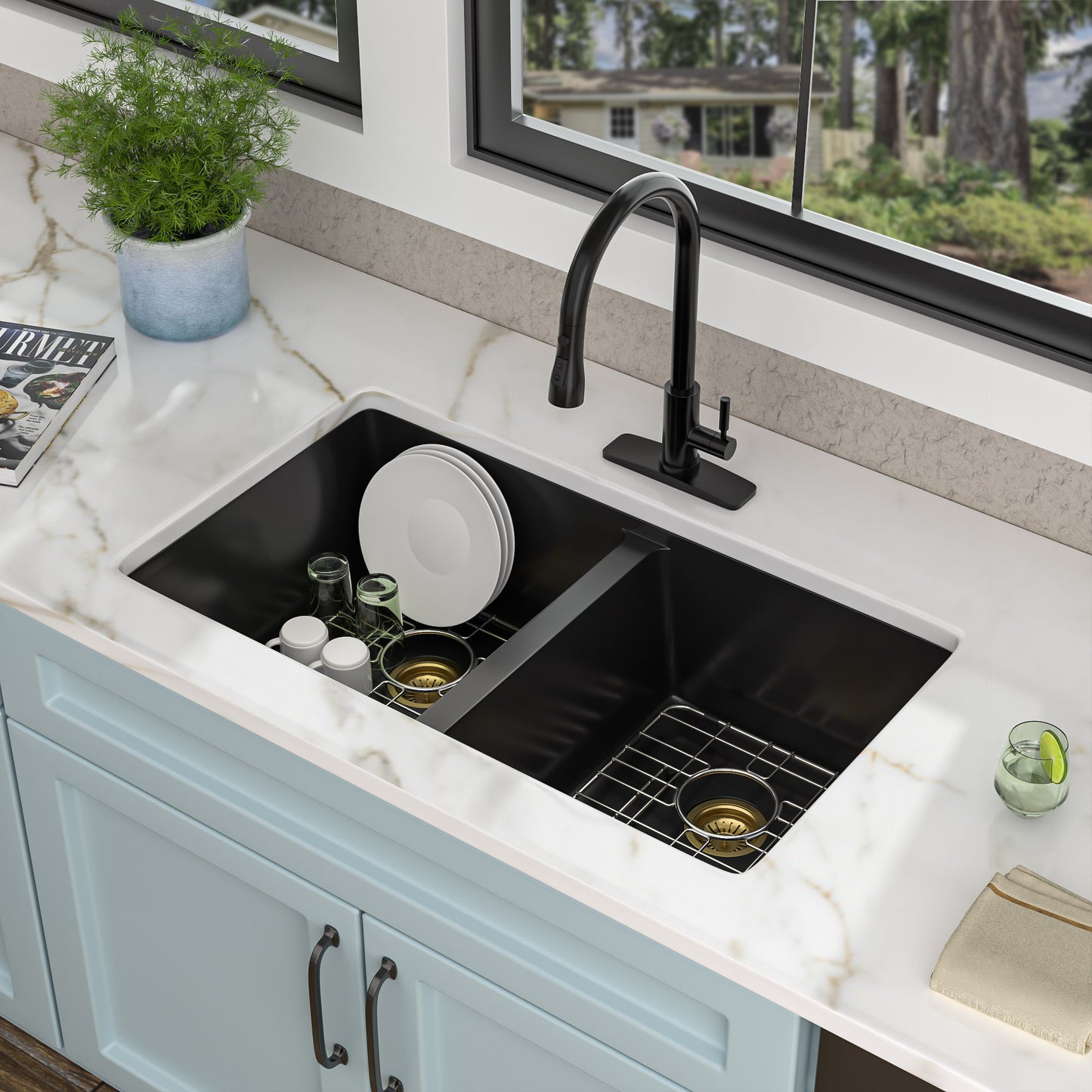 33 Granite Composite Kitchen Sink Double Bowl - Fulorni 33"x19" Black Granite Kitchen Sink Undermount Double Bowl 50/50 Quartz Classic Composite Matte Black Under Counter Sink Basin