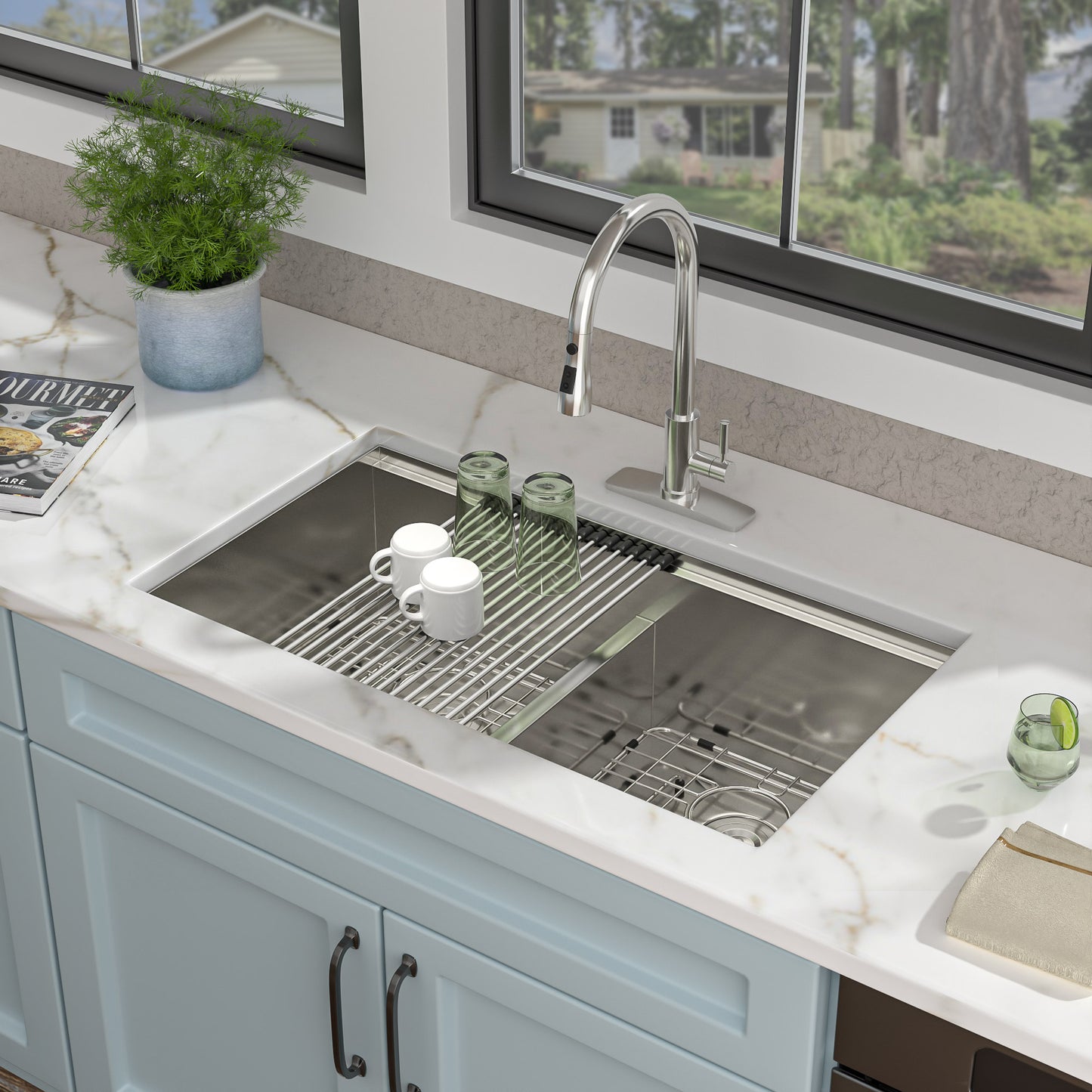 36 Undermount Kitchen Sink Double Bowl - Fulorni 36x19 Inch Kitchen Sink Ledge Workstation Low Divide Double Bowl 50/50 Split 16 Gauge Stainless Steel Under Counter Sink Basin