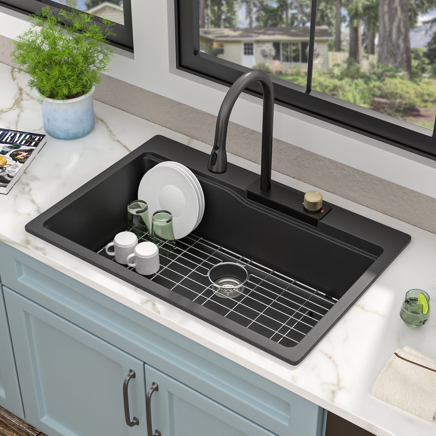 25 Granite Composite Kitchen Sink - Fulorni 25"×22" Granite Kitchen Sink Drop In Topmount Matte Black Quartz Classic Above Counter Single Bowl Sink Basin