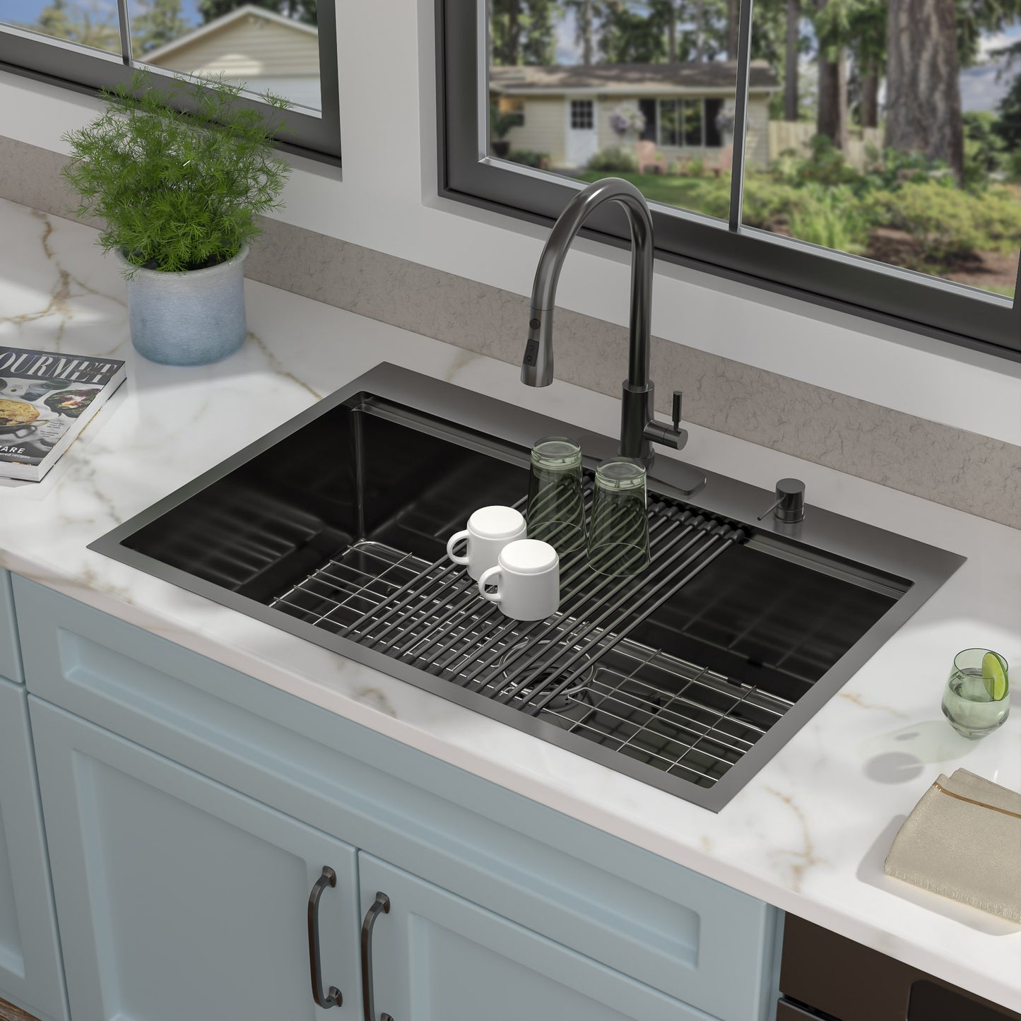 33 Black Kitchen Sink Drop In - Fulorni 33x22 Inch Kitchen Sink Gunmetal Black NANO-PVD Ledge Workstation Drop In Topmount 16 Gauge Stainless Steel Single Bowl Sink Basin
