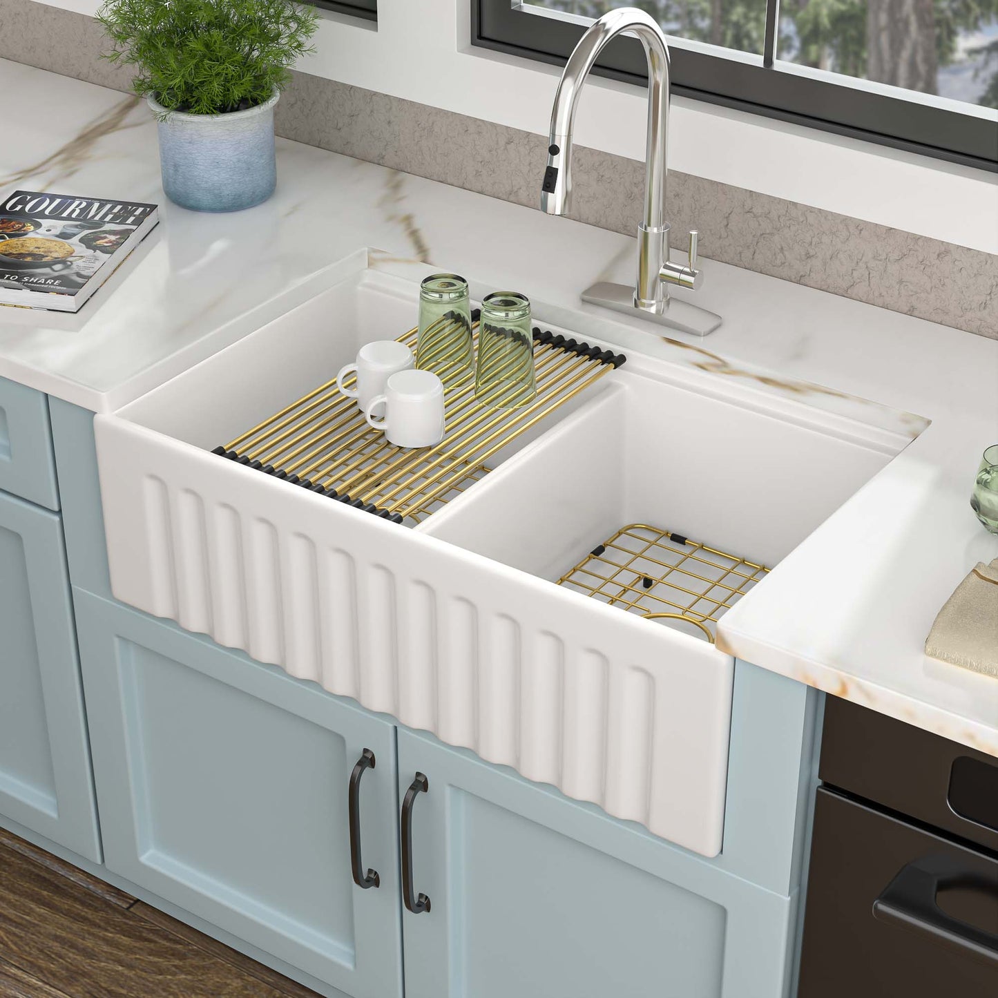 33 White Farm Sink Workstation - Fulorni 33"x20" Farmhouse Kitchen Sink Apron Front Workstation with Slide Ledge Reversible Double Bowl 50/50 White Ceramic Porcelain Fireclay Farmer Sink Basin