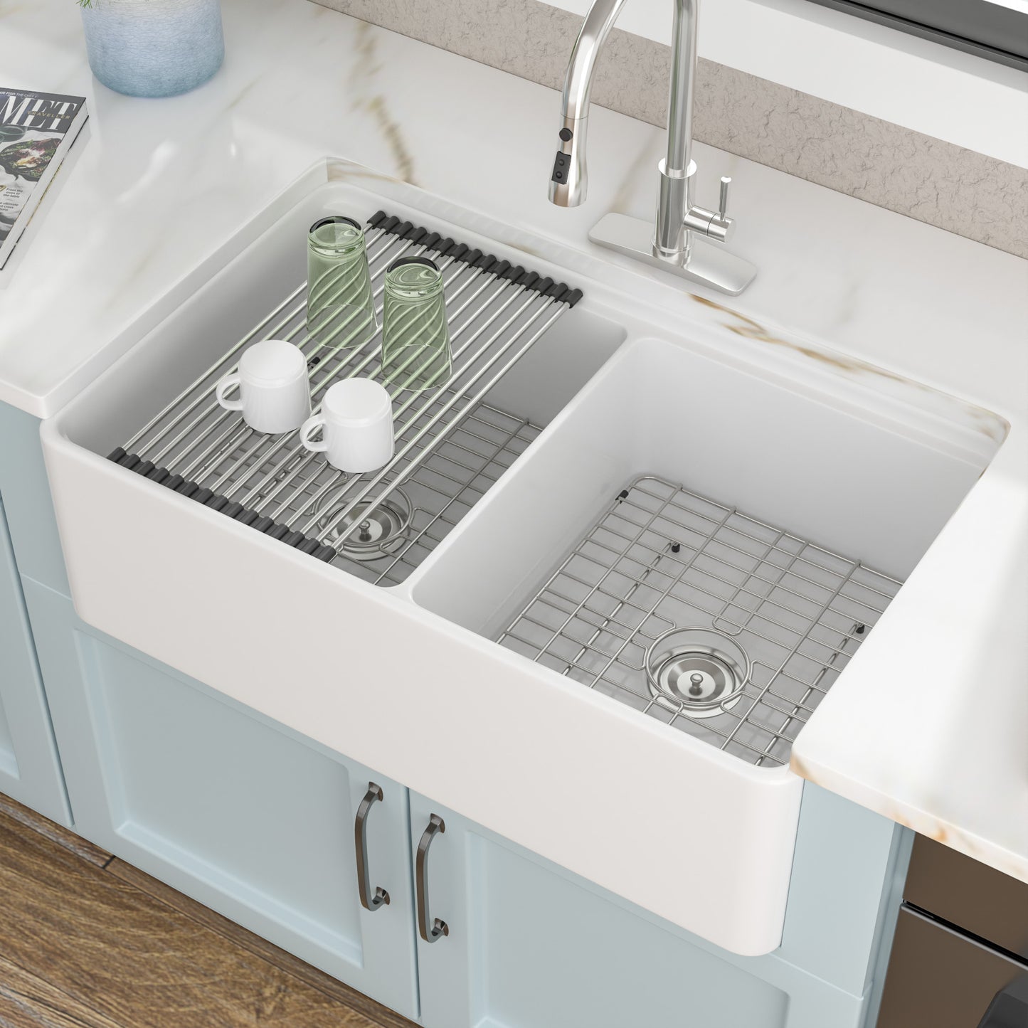 33 White Farm Sink Workstation - Fulorni 33"x20" Farmhouse Kitchen Sink Apron Front Workstation with Slide Ledge Double Bowl 50/50 White Ceramic Porcelain Fireclay Farmer Sink Basin