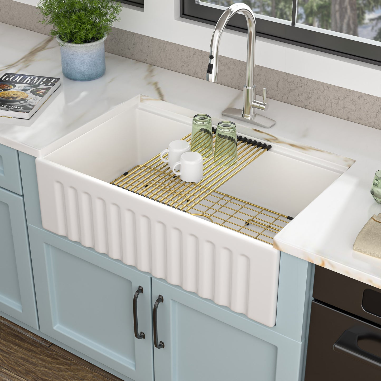 33 White Farm Sink Workstation - Fulorni 33 Inch Farmhouse Kitchen Sink Workstation with Slide Ledge Apron Front Reversible White Ceramic Porcelain Fireclay Single Bowl Farmer Sink Basin