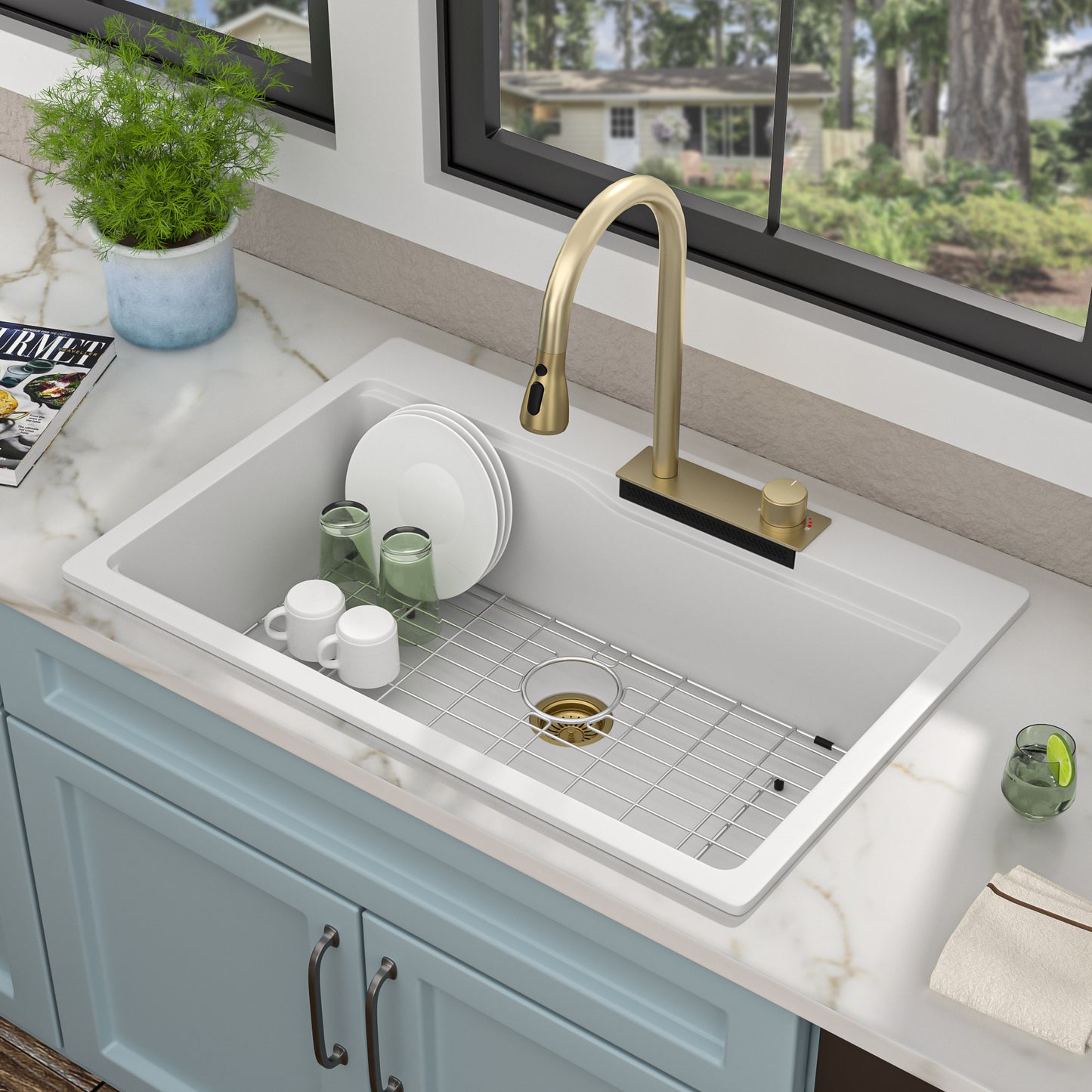 33"x22" Granite Waterfall Kitchen Sink Multifunctional Smart Workstation With Faucet Combo Drop In Topmount White Granite Composite Quartz Classic Above Counter Single Bowl Sink Basin