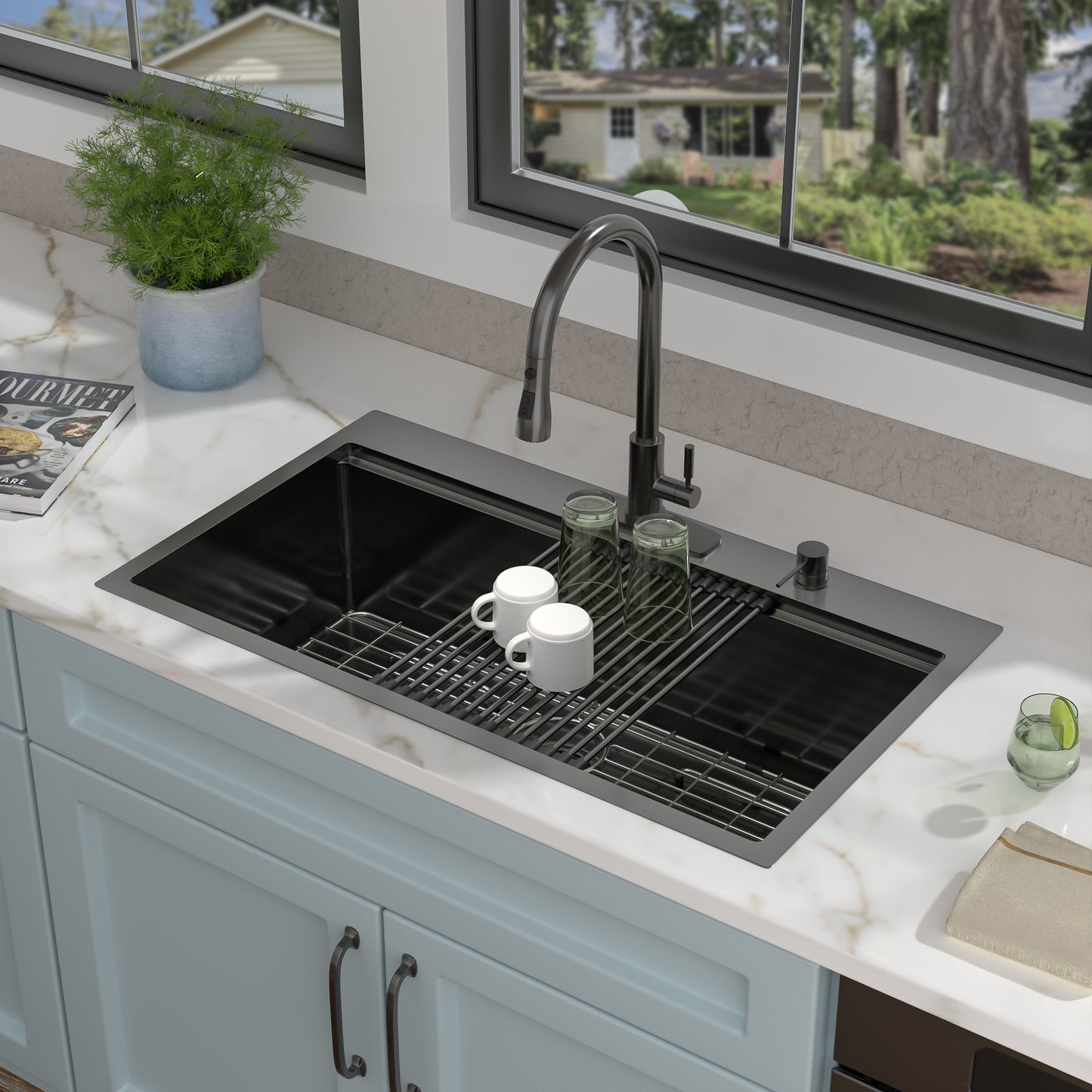 33 Black Kitchen Sink Drop In - Fulorni 33x19 Inch Kitchen Sink Gunmetal Black NANO-PVD Ledge Workstation Drop In Topmount 16 Gauge Stainless Steel Single Bowl Sink Basin