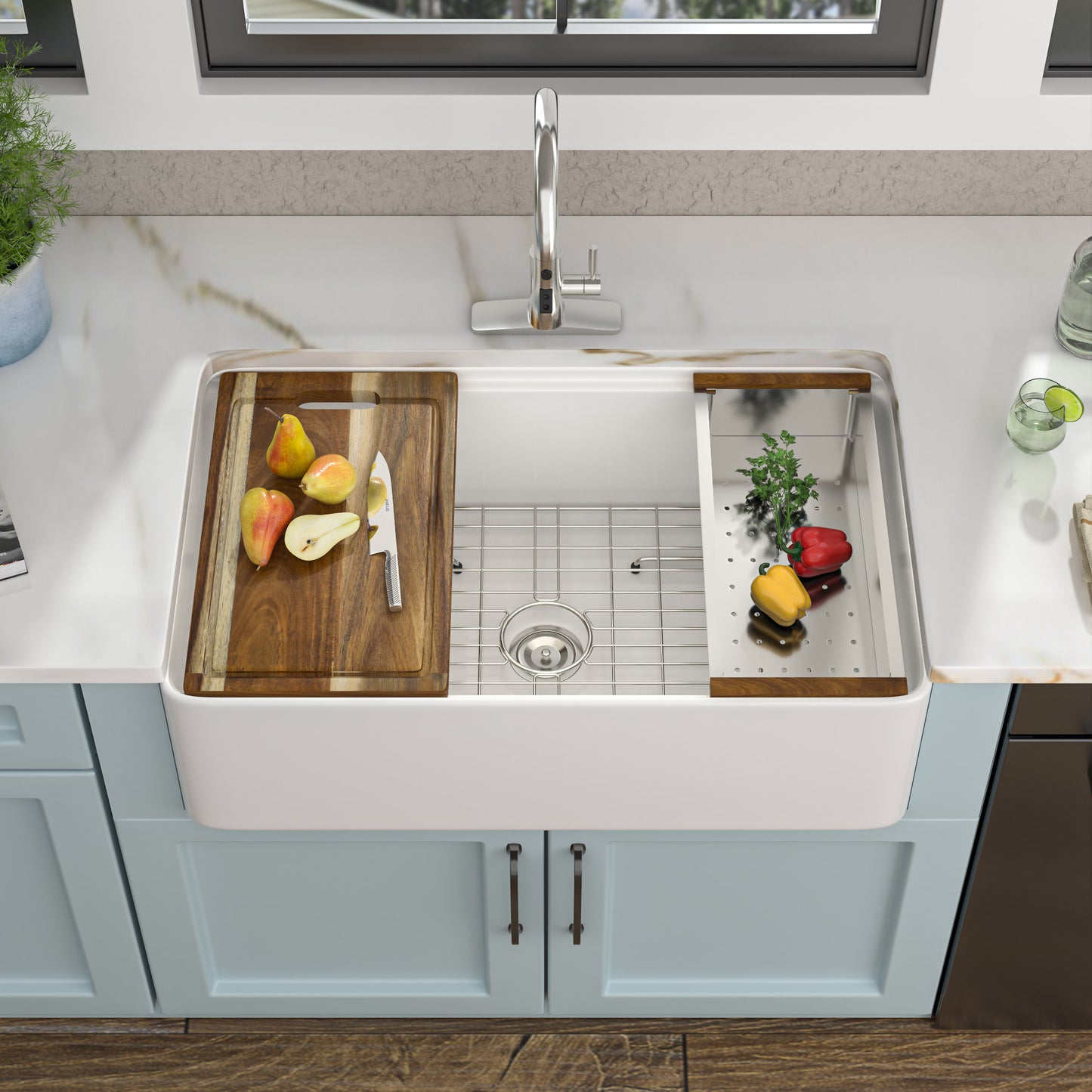 33 White Farm Sink Workstation - Fulorni 33"x20" Farmhouse Kitchen Sink Apron Front Workstation with Slide Ledge Double Bowl 50/50 White Ceramic Porcelain Fireclay Farmer Sink Basin