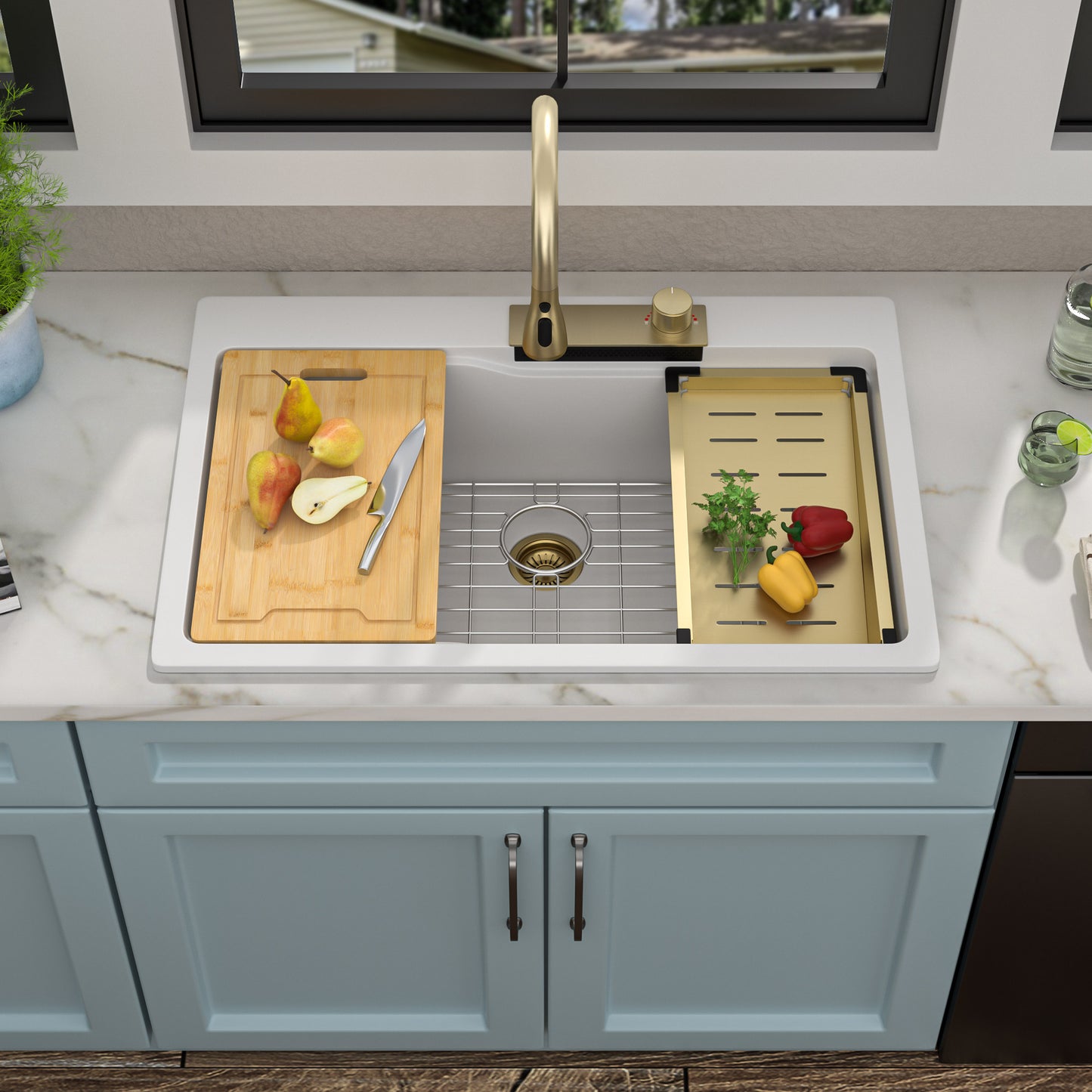 33"x22" Granite Waterfall Kitchen Sink Multifunctional Smart Workstation With Faucet Combo Drop In Topmount White Granite Composite Quartz Classic Above Counter Single Bowl Sink Basin
