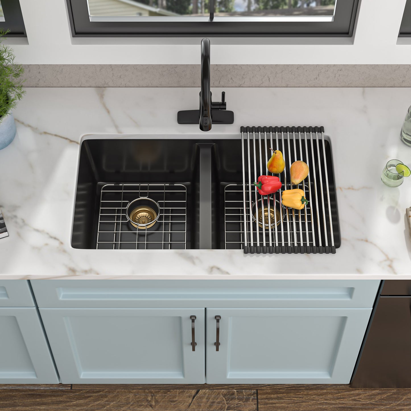 33 Granite Composite Kitchen Sink Double Bowl - Fulorni 33"x19" Black Granite Kitchen Sink Undermount Double Bowl 50/50 Quartz Classic Composite Matte Black Under Counter Sink Basin