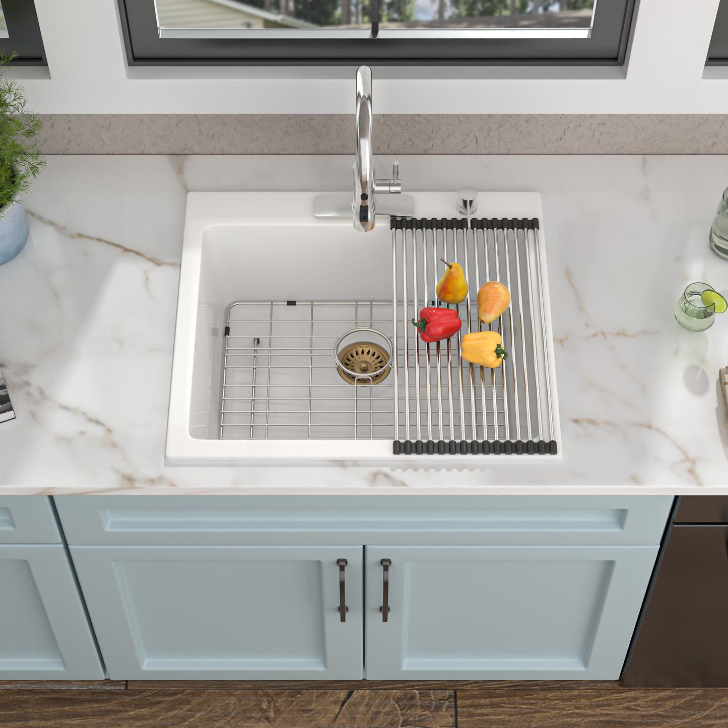 25 Granite Composite Kitchen Sink - Fulorni 25"×22" Granite Kitchen Sink Drop In Topmount White Quartz Classic Above Counter Single Bowl Sink Basin
