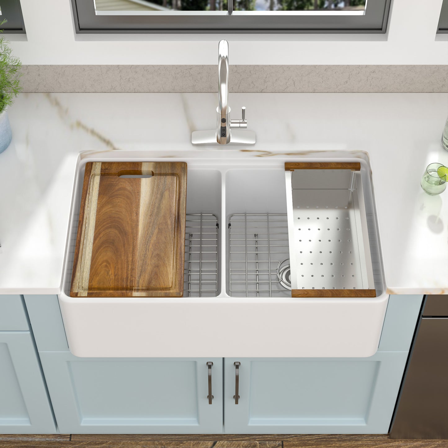33 White Farm Sink Workstation - Fulorni 33"x20" Farmhouse Kitchen Sink Apron Front Workstation with Slide Ledge Double Bowl 50/50 White Ceramic Porcelain Fireclay Farmer Sink Basin