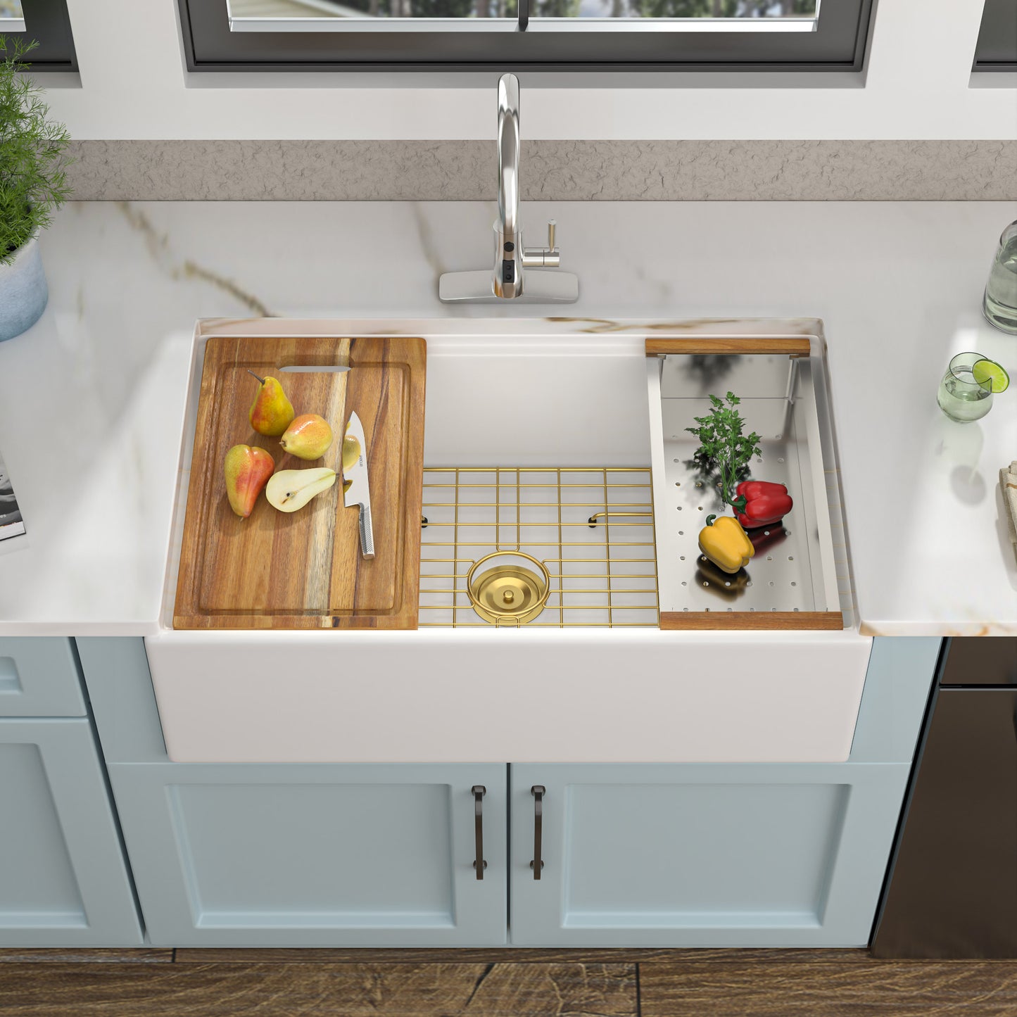 33 White Farm Sink Workstation - Fulorni 33 Inch Farmhouse Kitchen Sink Workstation with Slide Ledge Apron Front Reversible White Ceramic Porcelain Fireclay Single Bowl Farmer Sink Basin