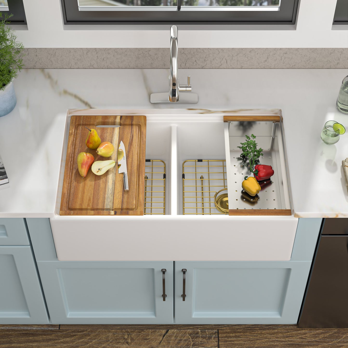 33 White Farm Sink Workstation - Fulorni 33"x20" Farmhouse Kitchen Sink Apron Front Workstation with Slide Ledge Reversible Double Bowl 50/50 White Ceramic Porcelain Fireclay Farmer Sink Basin