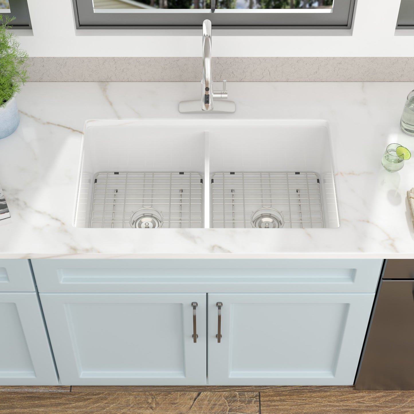 32 White Sink Undermount Double Bowl - Fulorni 32"x19" Kitchen Sink Dual Mount Double Bowl 50/50 White Ceramic Porcelain Fireclay Sink Basin