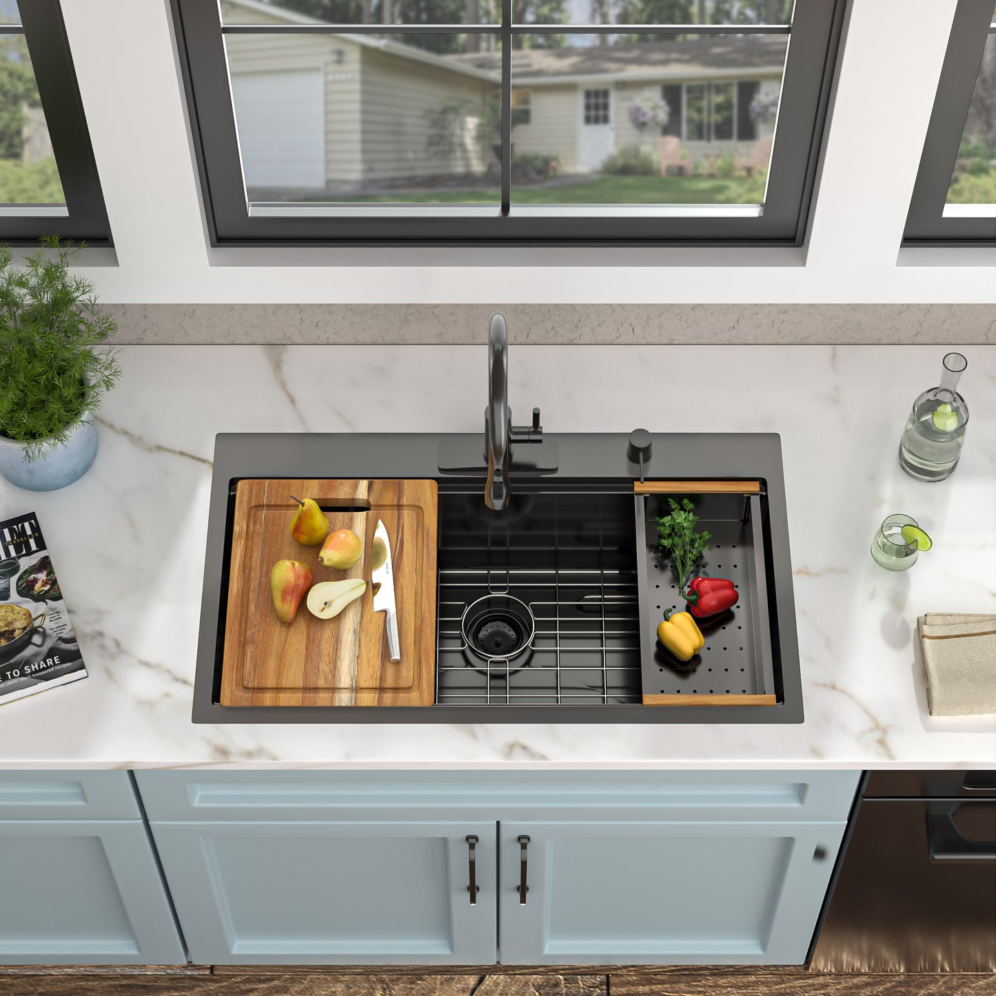 33 Black Kitchen Sink Drop In - Fulorni 33x19 Inch Kitchen Sink Gunmetal Black NANO-PVD Ledge Workstation Drop In Topmount 16 Gauge Stainless Steel Single Bowl Sink Basin