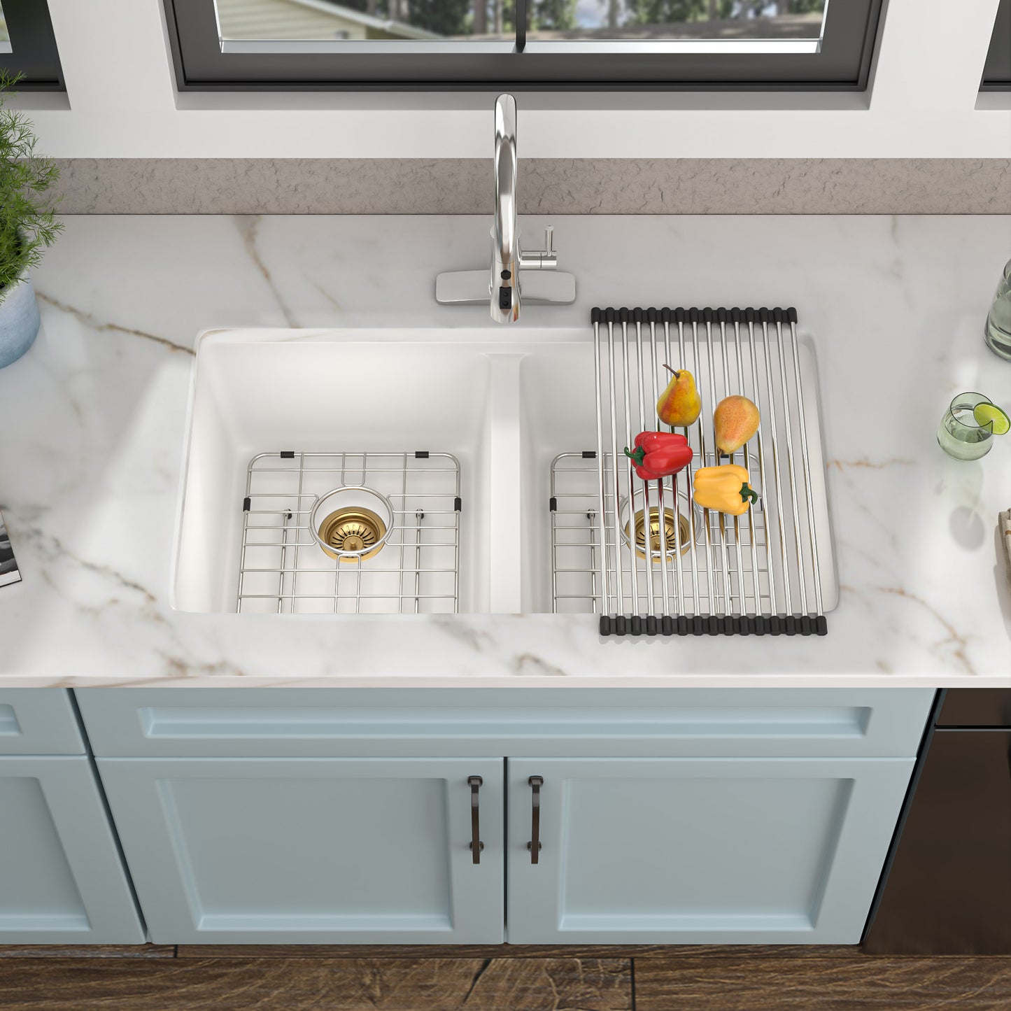 33 Granite Composite Kitchen Sink Double Bowl - Fulorni 33"x19" Granite Kitchen Sink White Undermount Double Bowl 50/50 Quartz Classic Composite Under Counter Sink Basin