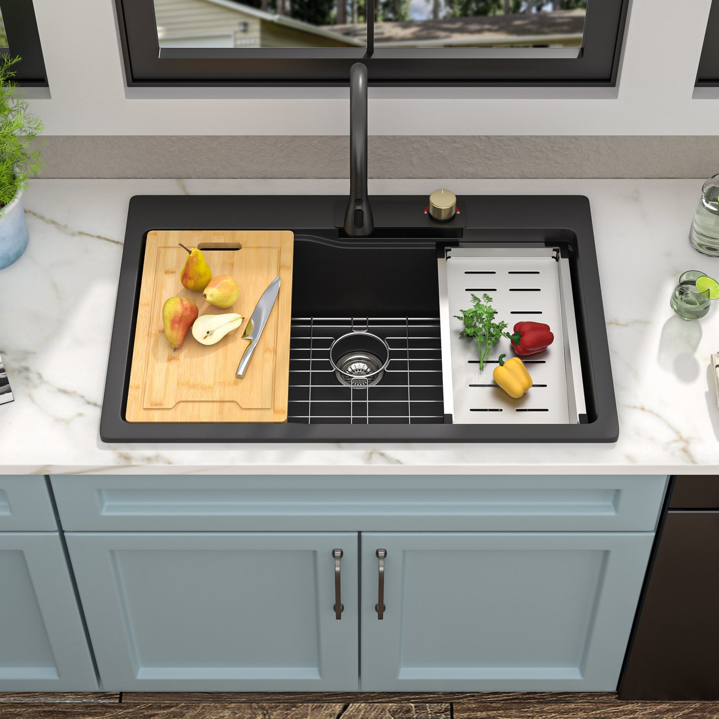 33"x22" Granite Waterfall Kitchen Sink Multifunctional Smart Workstation With Faucet Combo Drop In Topmount Matte Black Granite Composite Quartz Classic Above Counter Single Bowl Sink Basin
