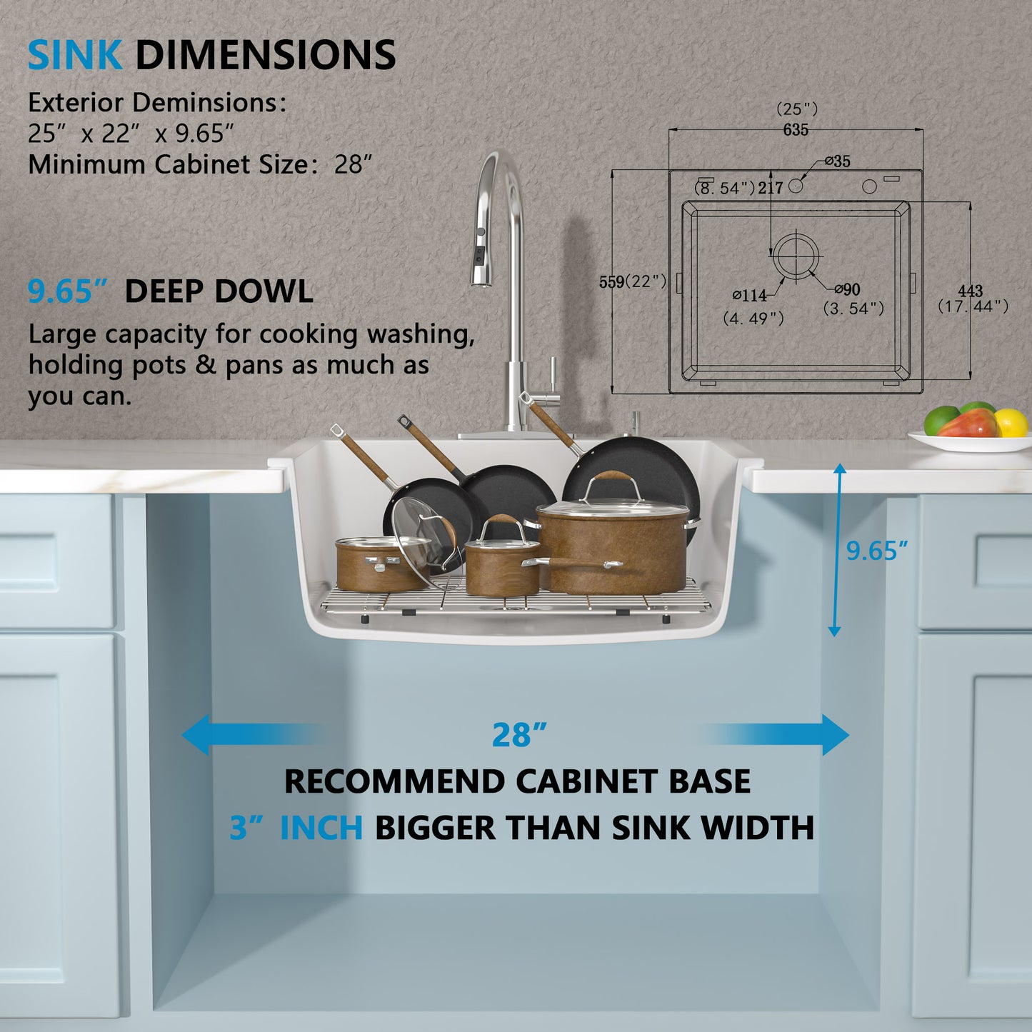 25 Granite Composite Kitchen Sink - Fulorni 25"×22" Granite Kitchen Sink Drop In Topmount White Quartz Classic Above Counter Single Bowl Sink Basin