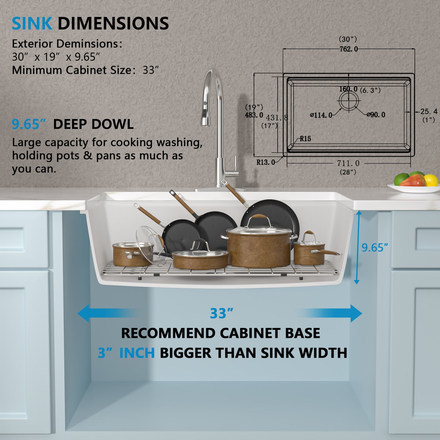 30 Granite Composite Kitchen Sink - Fulorni 30"x19" Granite Kitchen Sink Ledge Workstation Undermount White Quartz Classic Under Counter Single Bowl Sink Basin
