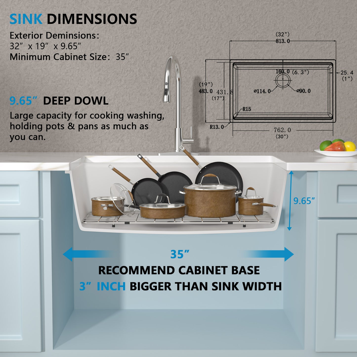 32 Granite Composite Kitchen Sink - Fulorni 32"x19" Granite Kitchen Sink Ledge Workstation Undermount White Quartz Classic Under Counter Single Bowl Sink Basin