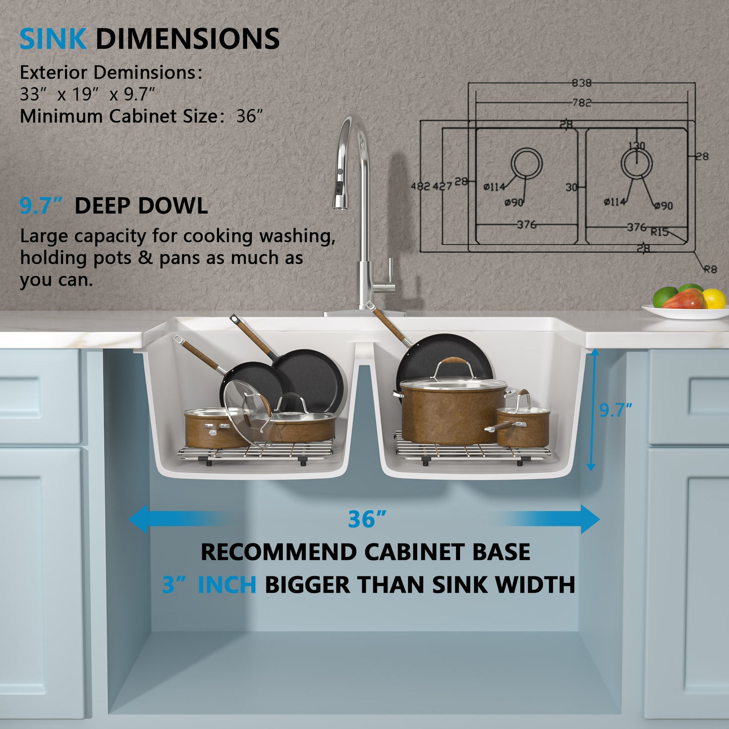 33 Granite Composite Kitchen Sink Double Bowl - Fulorni 33"x19" Granite Kitchen Sink White Undermount Double Bowl 50/50 Quartz Classic Composite Under Counter Sink Basin
