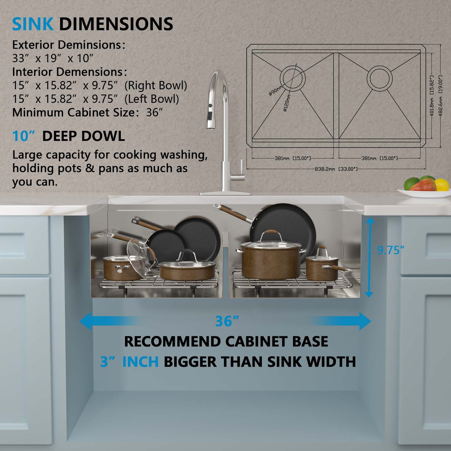 33 Undermount Kitchen Sink Double Bowl - Fulorni 33x19 Inch Kitchen Sink Ledge Workstation Low Divide Double Bowl 50/50 Split 16 Gauge Stainless Steel Under Counter Sink Basin