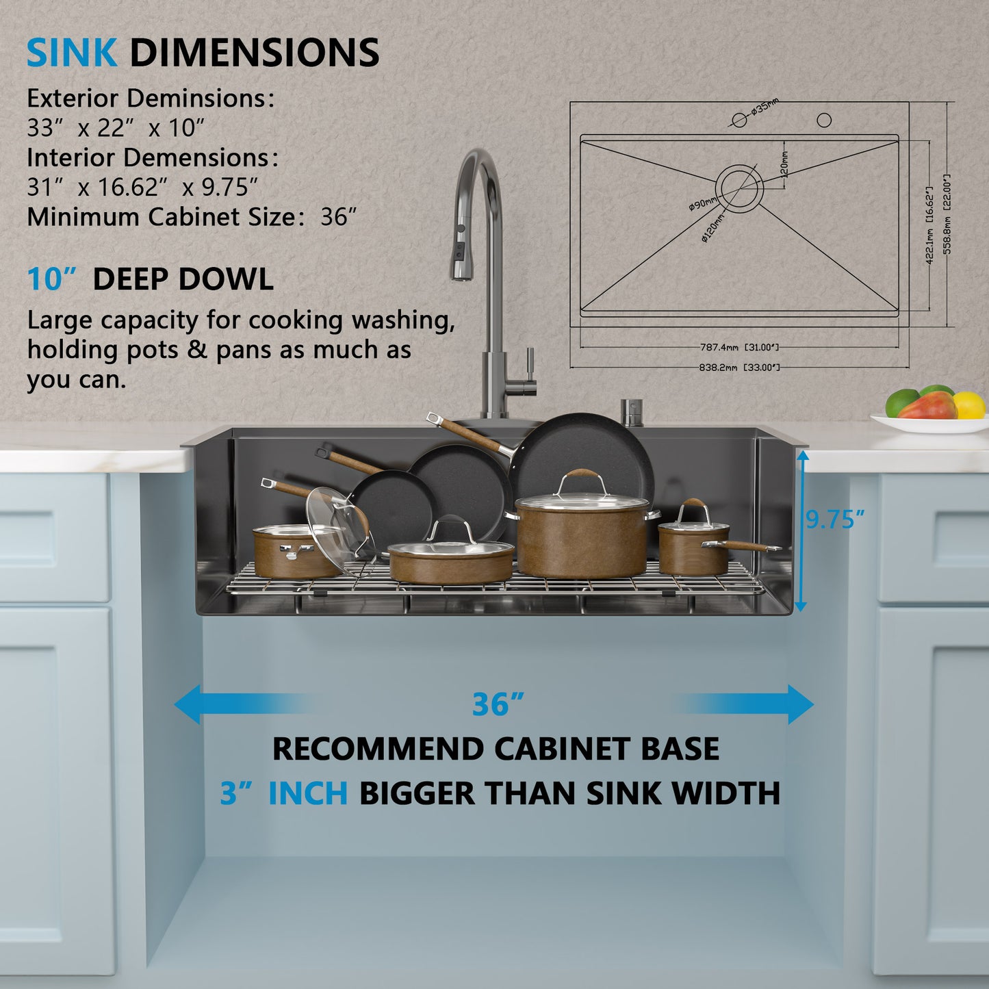 33 Black Kitchen Sink Drop In - Fulorni 33x22 Inch Kitchen Sink Gunmetal Black NANO-PVD Ledge Workstation Drop In Topmount 16 Gauge Stainless Steel Single Bowl Sink Basin
