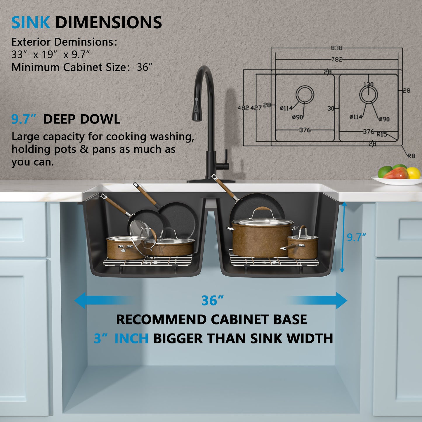 33 Granite Composite Kitchen Sink Double Bowl - Fulorni 33"x19" Black Granite Kitchen Sink Undermount Double Bowl 50/50 Quartz Classic Composite Matte Black Under Counter Sink Basin