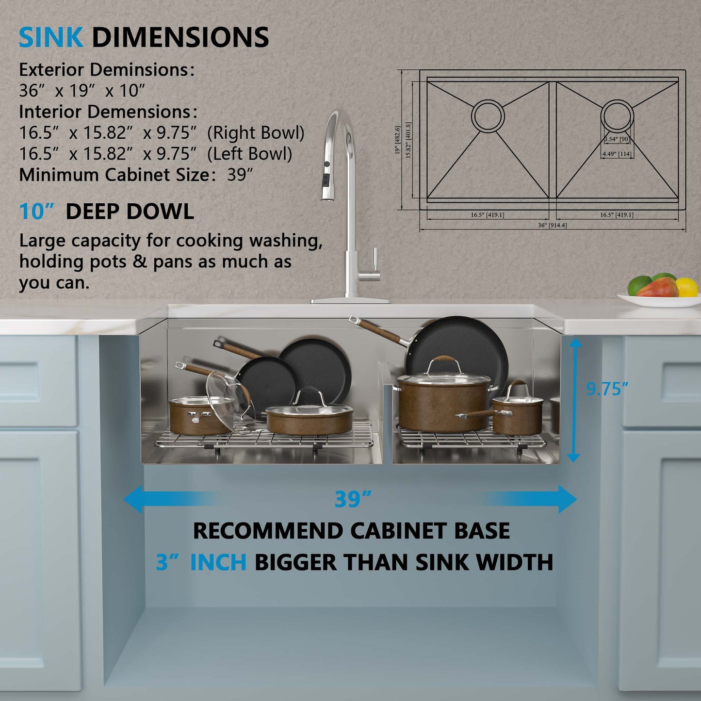 36 Undermount Kitchen Sink Double Bowl - Fulorni 36x19 Inch Kitchen Sink Ledge Workstation Low Divide Double Bowl 50/50 Split 16 Gauge Stainless Steel Under Counter Sink Basin