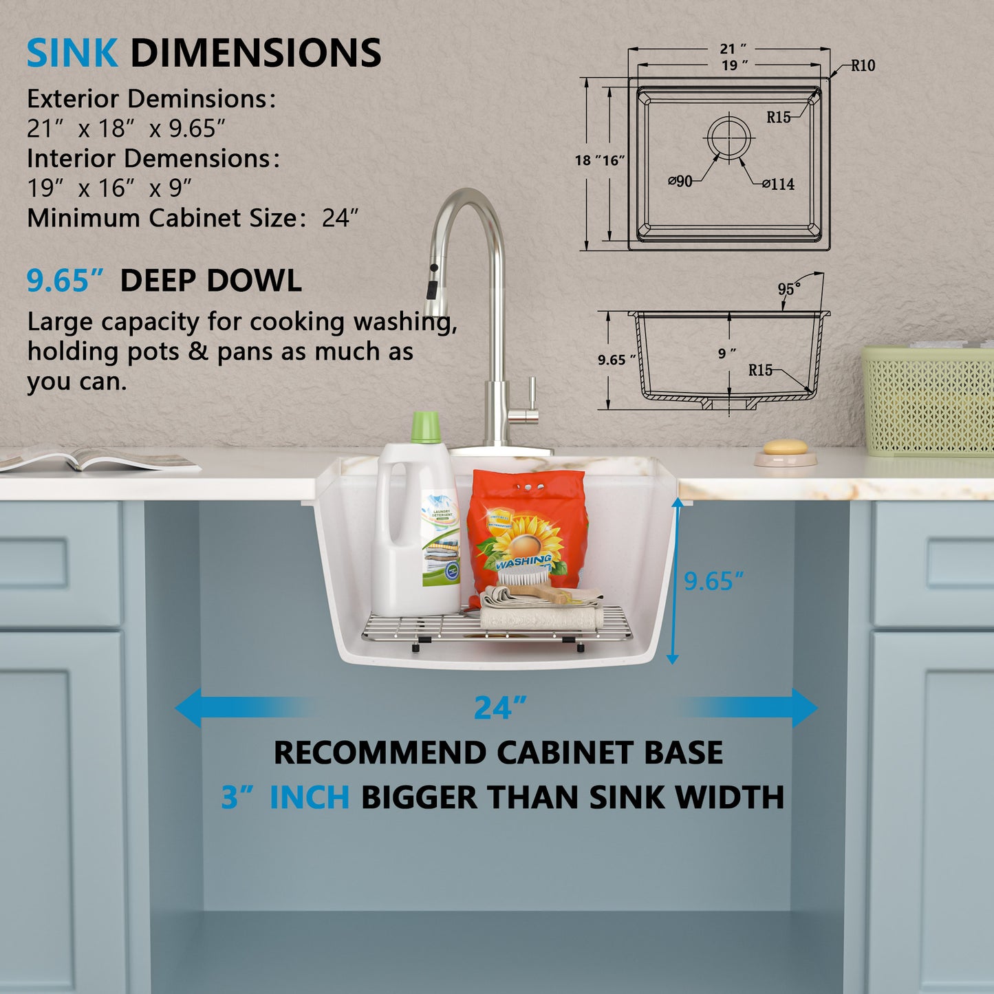 21 Undermount Laundry Sink - Fulorni 21"x18" Laundry Utility Sink Workstation White Granite Composite Quartz Classic Under Counter Deep Single Bowl Utility Laundry Room Sink Basin