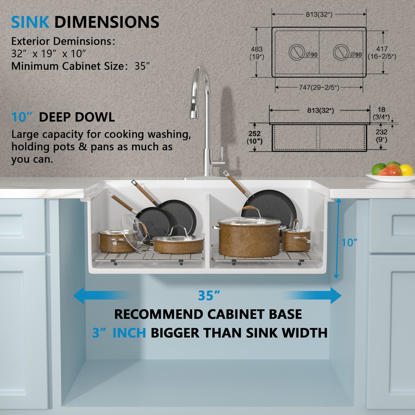 32 White Sink Undermount Double Bowl - Fulorni 32"x19" Kitchen Sink Dual Mount Double Bowl 50/50 White Ceramic Porcelain Fireclay Sink Basin