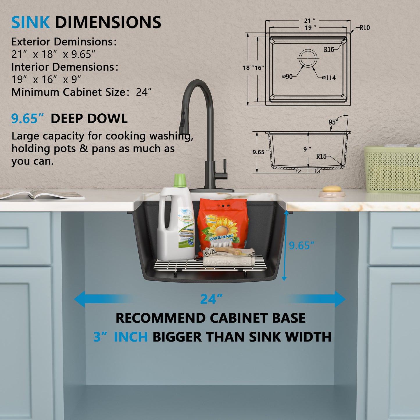 21 Undermount Laundry Sink - Fulorni 21"x18" Laundry Utility Sink Workstation Matte Black Granite Composite Quartz Classic Under Counter Deep Single Bowl Utility Laundry Room Sink Basin