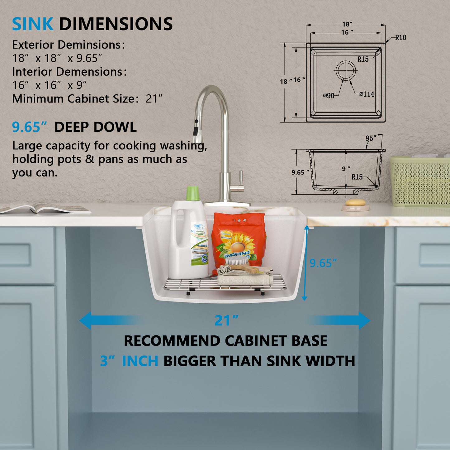 18 Undermount Laundry Sink - Fulorni 18"x18" Laundry Utility Sink Workstation White Granite Composite Quartz Classic Under Counter Deep Single Bowl Utility Laundry Room Sink Basin